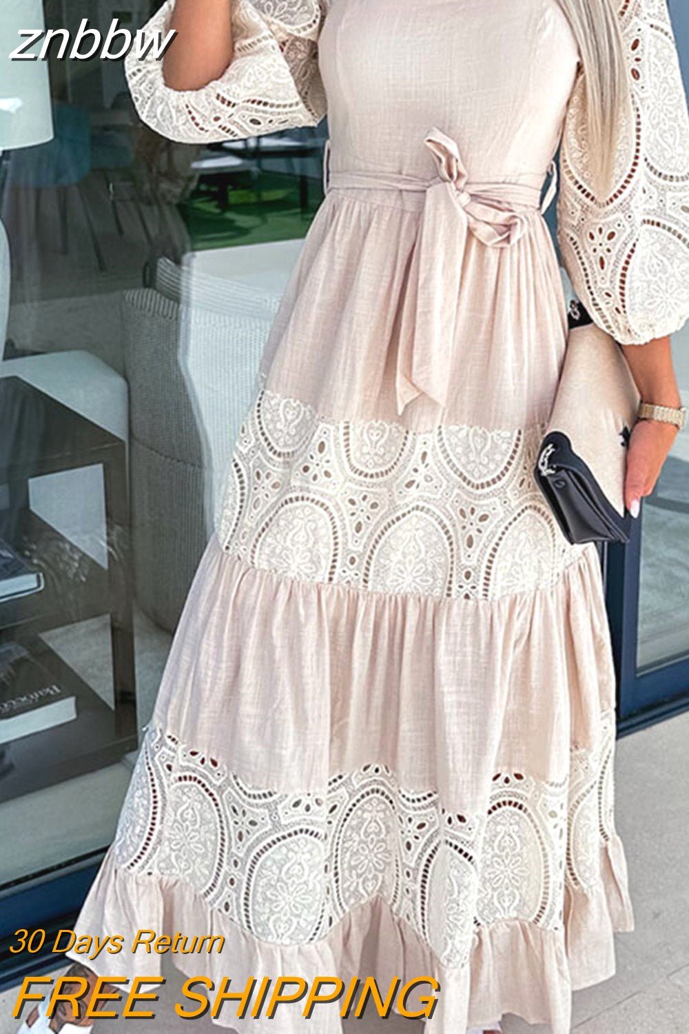 znbbw Women Retro Loose Beach Dress Fashion New Lace Patchwork Ladies Elegant Dress Temperament Square Collar Tie-Up Ruched Maxi Dress - Image 2