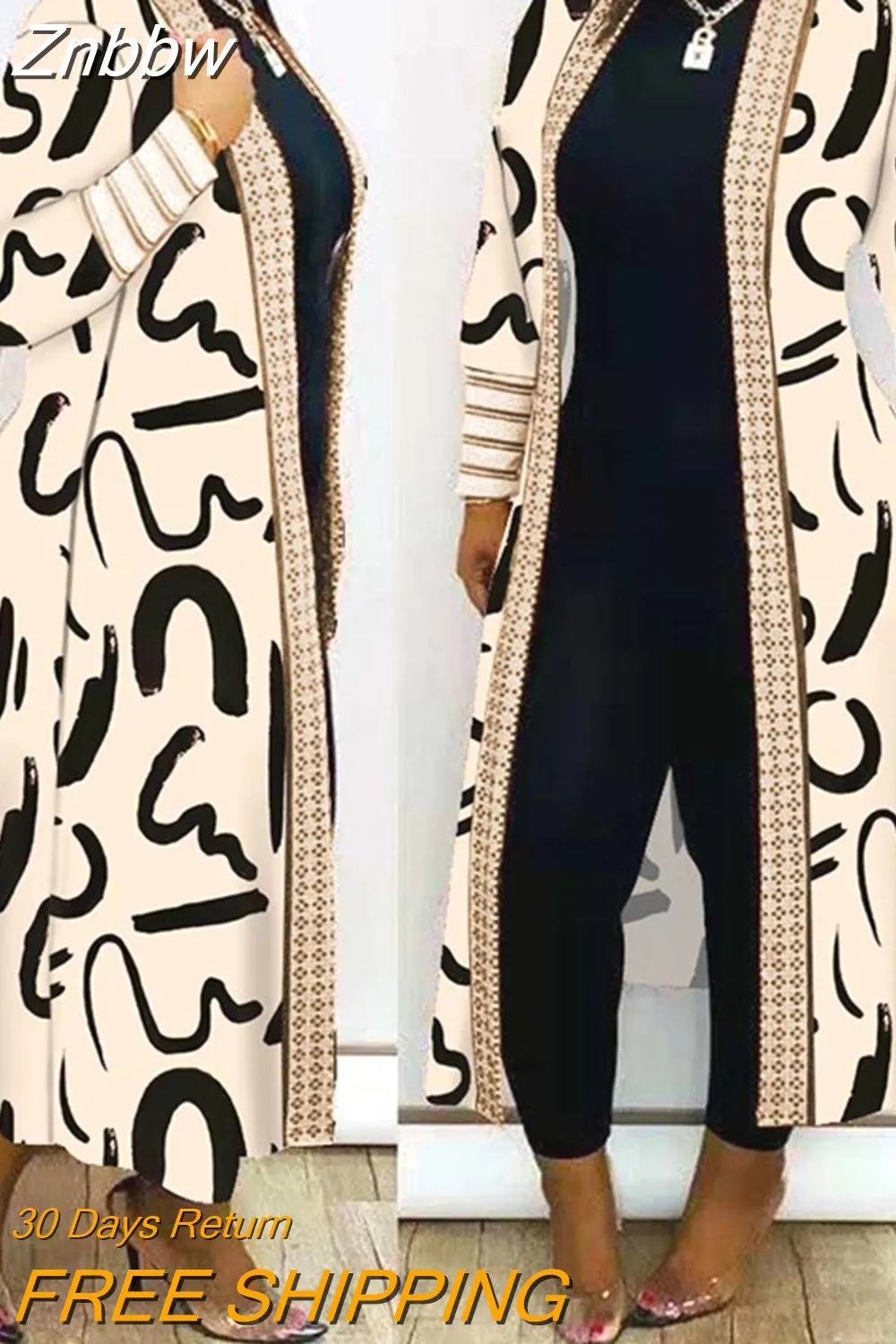 Znbbw Women Printed Long Cardigan full sleeve Trench  OverCoat Lady Casual Loose Open Stitich Coat Female 2023 Autumn Spring Fashion