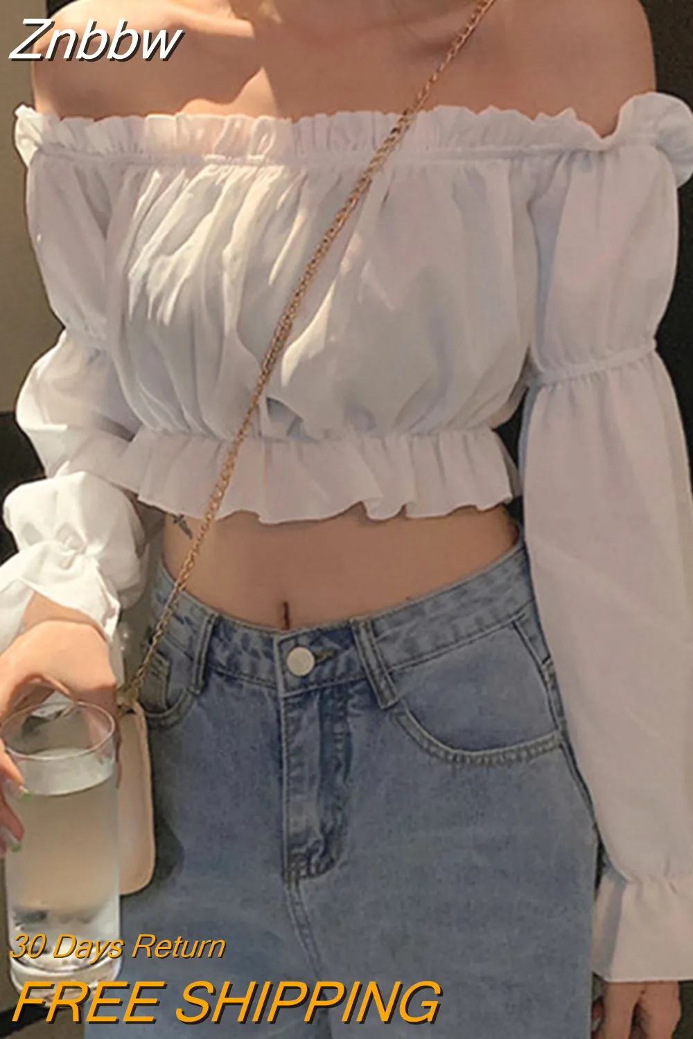 Znbbw Women Top Sexy Blouse Off Shoulder Top Long Sleeve Solid Color White Shirt Puff Sleeve Ruffle Tunic Crop Top Summer Tube Top