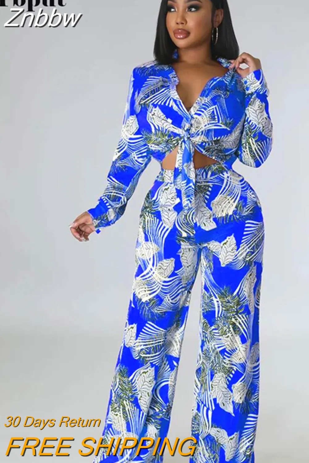 Znbbw Printed Pants Two Piece Set For Women Lapel Long Sleeve Lace-up Shirt Top Loose Pant Suit 2023 Summer Casual Lady Outfit