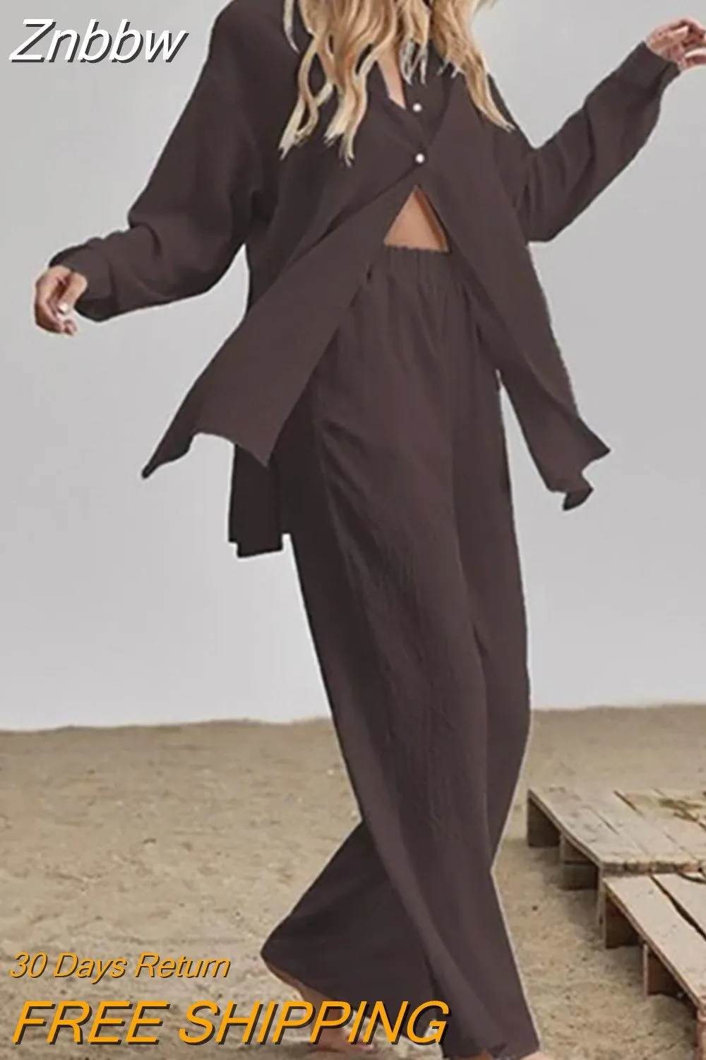 Znbbw Women 2 Pieces Set Long Sleeve Lapel Shirts And Elastic High Wasit Pants Summer Autumn Loose Elegant Women Sets Suit Outifits - Image 6