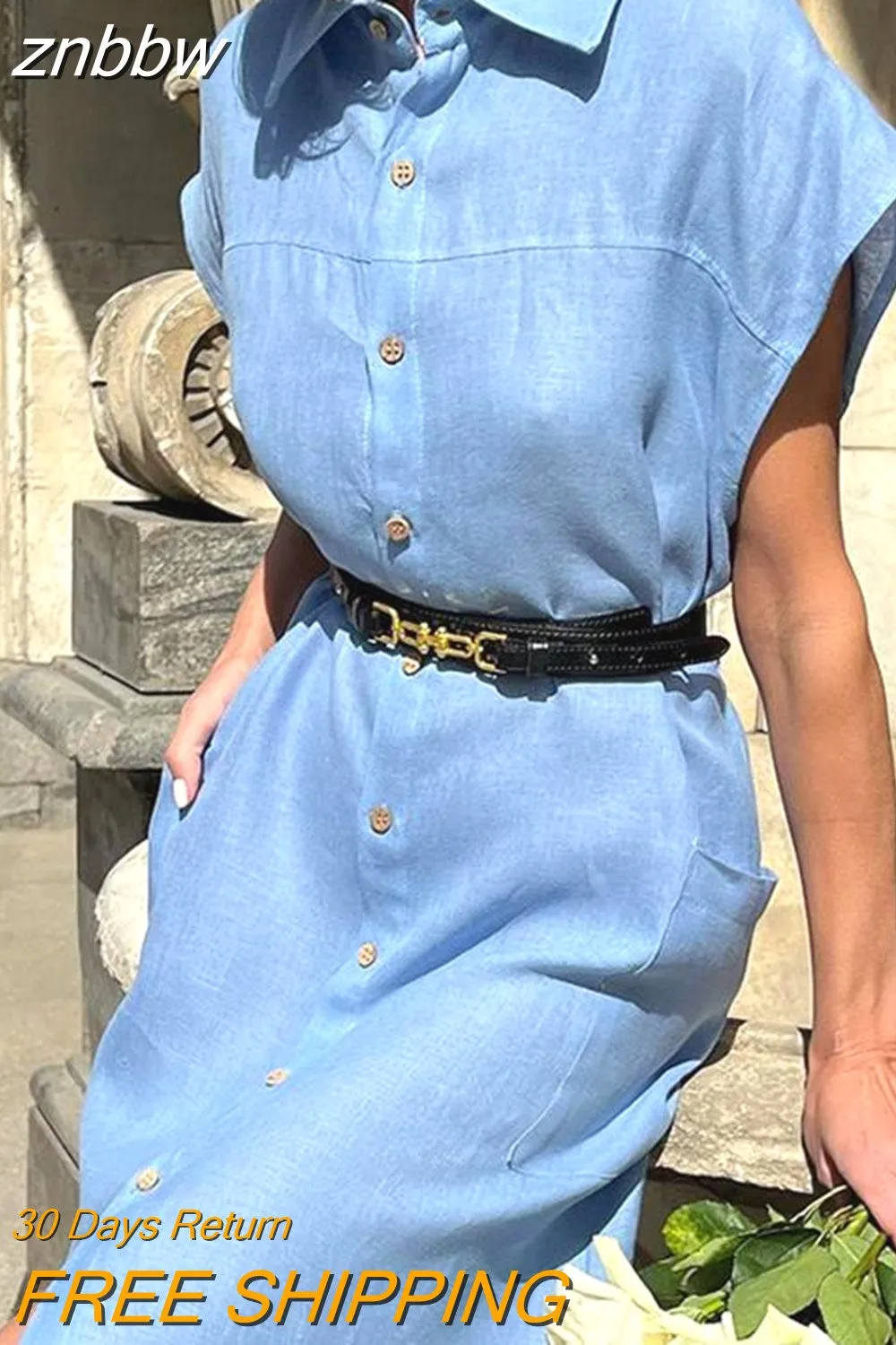 znbbw Women Lapel Single-Breasted Dress Spring Summer New Commute Holiday Cotton Linen Dress Temperament Elegant High Waist Long Dress