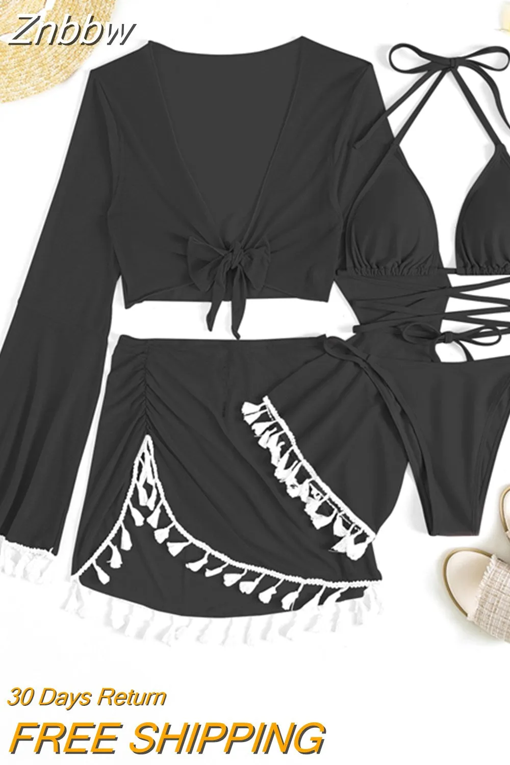 Znbbw 4 Piece Lace Up Bikinis Set Women Swimsuit with Skirt Swimwear 2023 New Female Push Up Bikini Solid Beachwear Bathing Suit - Image 2