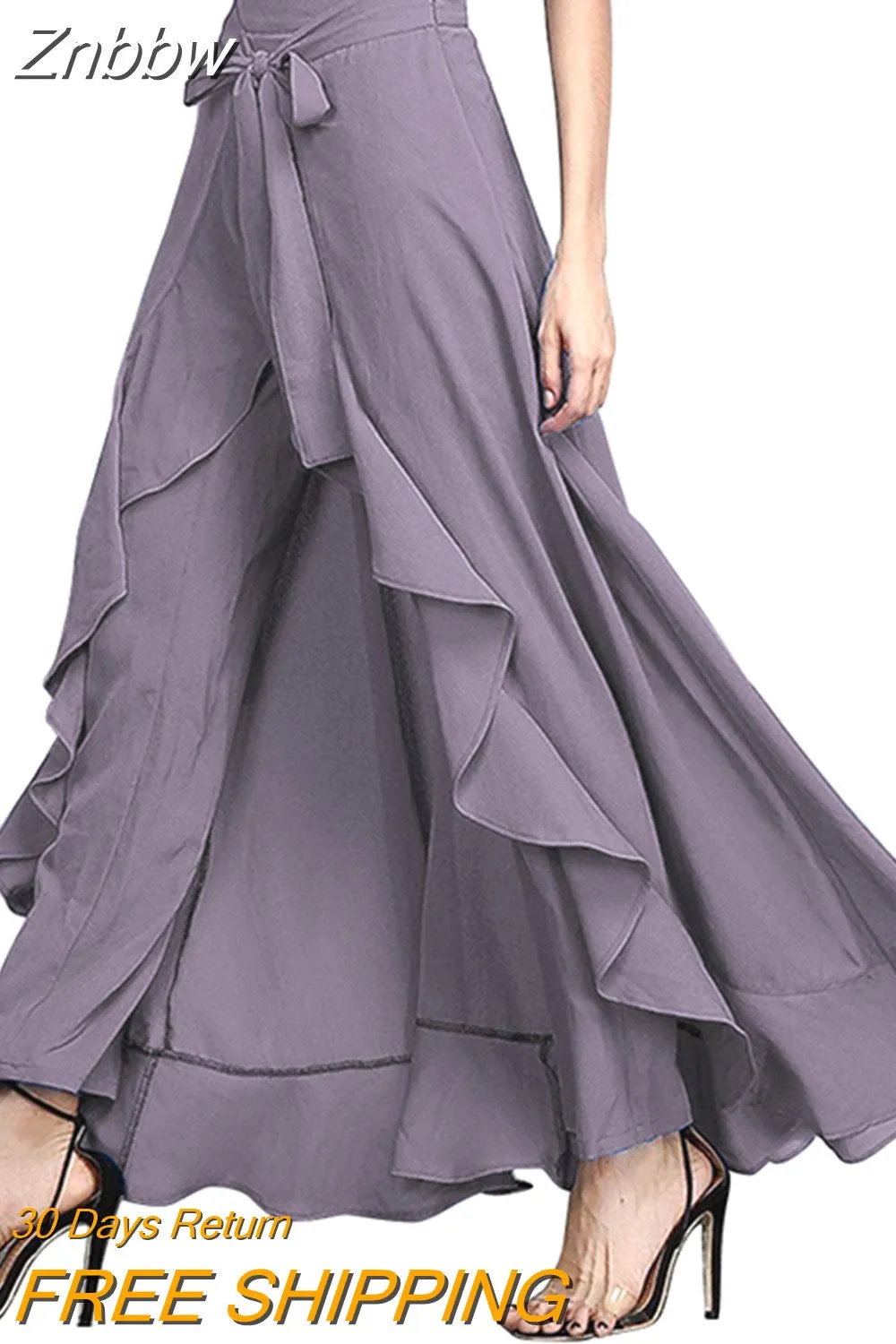 Znbbw Women's Ruffle Palazzo Pants 2023 Summer Casual Solid Color Loose Drawstring Trouser Elegant High Waist Irregular Hem Pant Skirt - Image 2