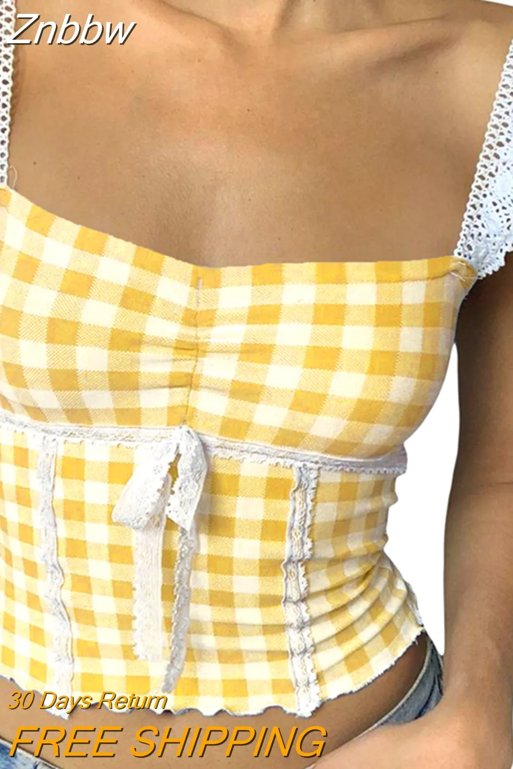 Znbbw Women Y2K Crop Top Cute Bow Lace Strap Camis Aesthetic Fairycore Vest Chic Retro Plaid Backless Milkmaid Tops 2000s Vintage 0410 - Image 9