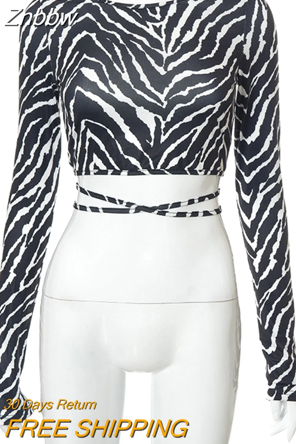 Znbbw Backless Lace ups Pullover Tees Women Autumn Black O-neck Slim Longsleeve Short T-Shirt - Image 2