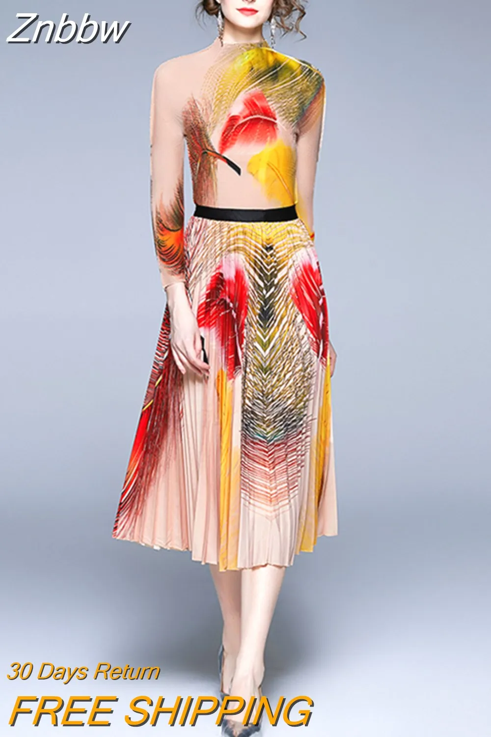 Znbbw Women Vintage Long Sleeve Stretch Printed Tops + High Elastic Waist Pleated Skirt Set Suit Runway 2 Piece Set 2023 Autumn - Image 4