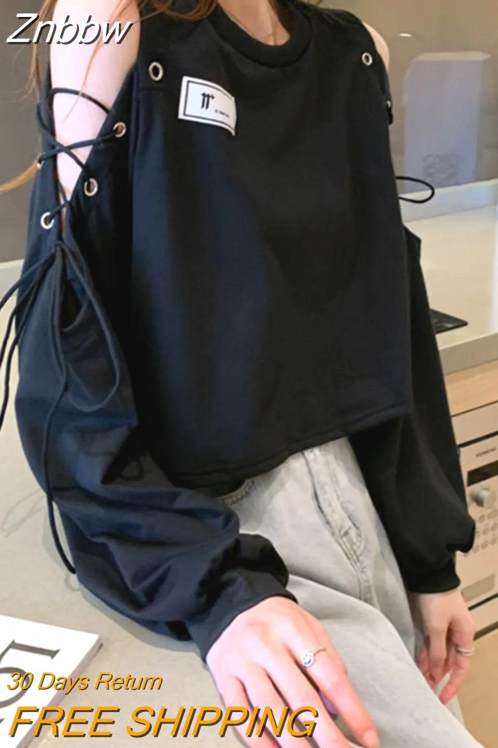 Znbbw Y2K Harajuku Hollow Out Hoodies Women Hip Hop Oversize Pink Cropped Sweatshirt Off Shoulder Bandge Tops Korean Fashion