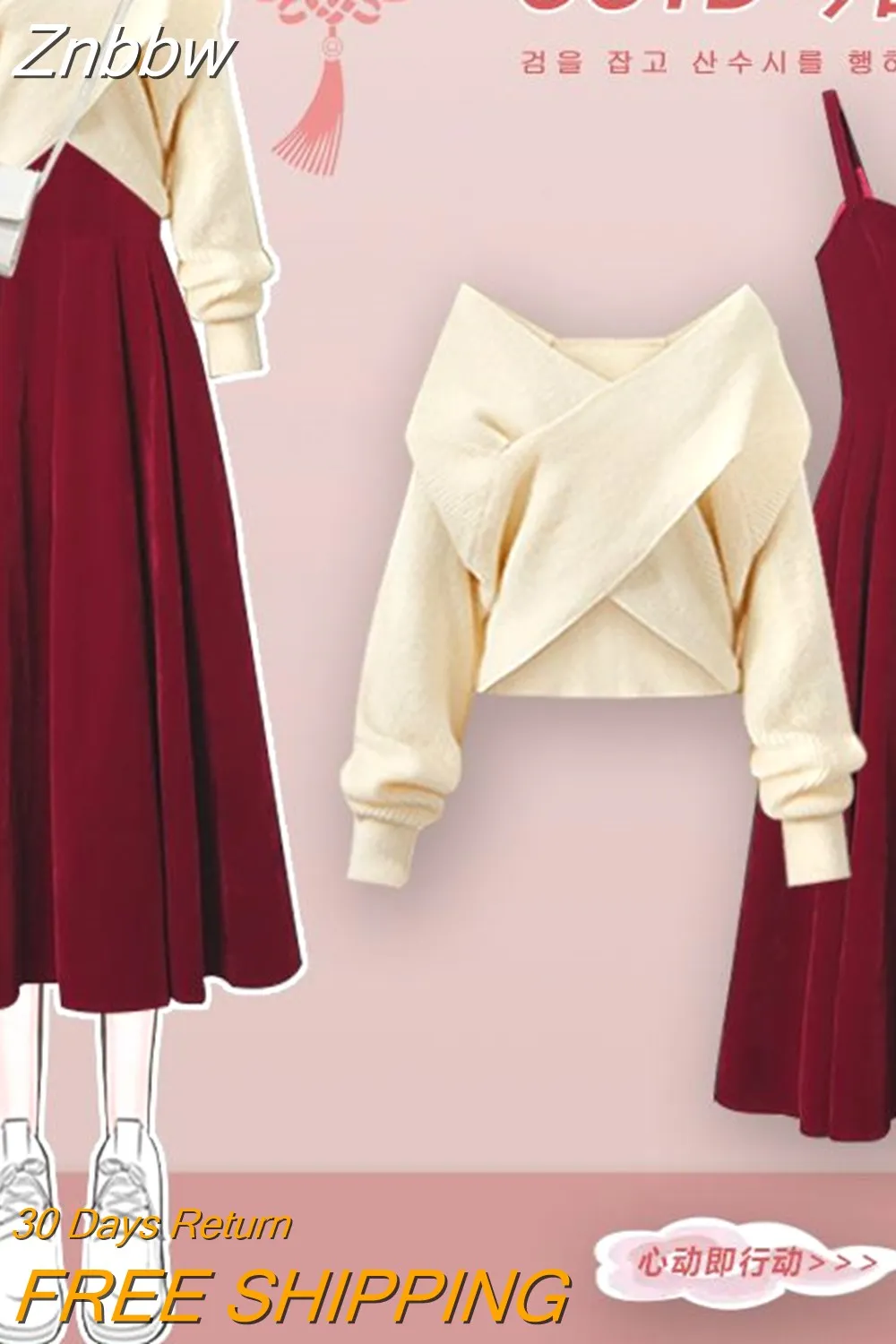 Znbbw Women's 2023 Autumn Winter New Fashion V-Neck Knitted Sweater Dress Two Piece Korean Elegant Matching Set Female Suit - Image 2