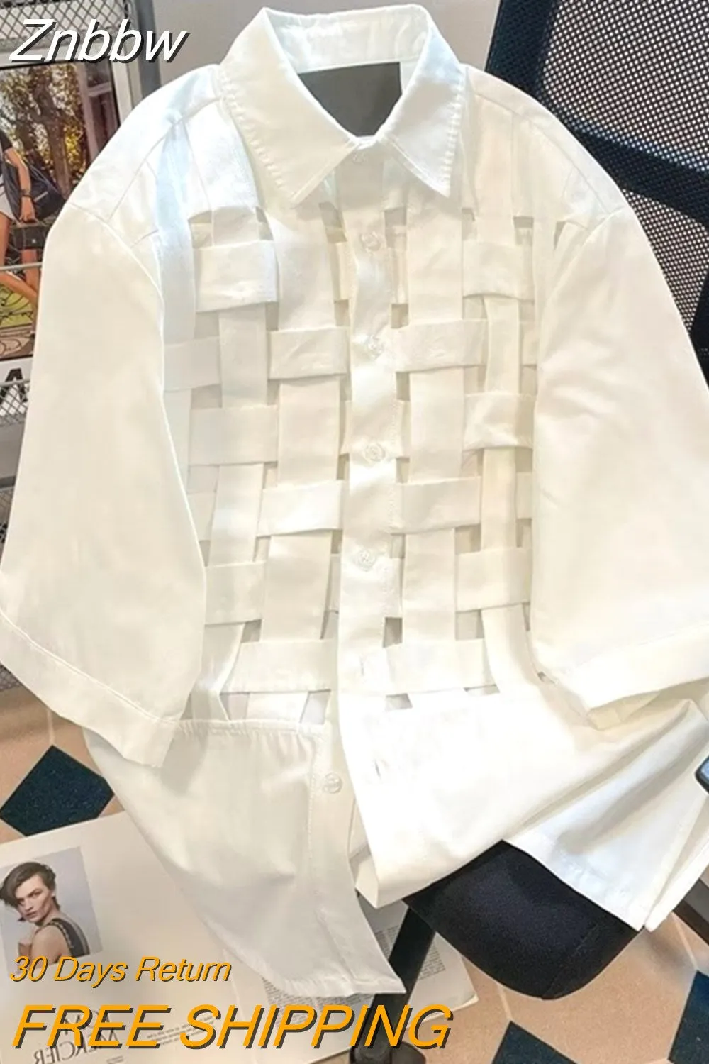 Znbbw Women Solid Hollow Out Shirts Lapel Long Sleeve Loose Waist Fashion Patchwork Blouse Female Chic Casual Shirt 2023 NEW - Image 2