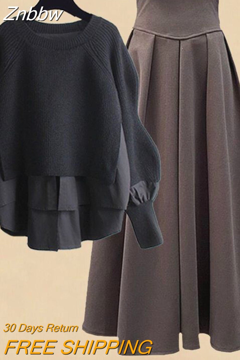 Znbbw Women Spring Autumn Two Pieces Sets Korean Long Sleeve Pullover Knitted Sweater And Pleated skirt Long Suit - Image 4