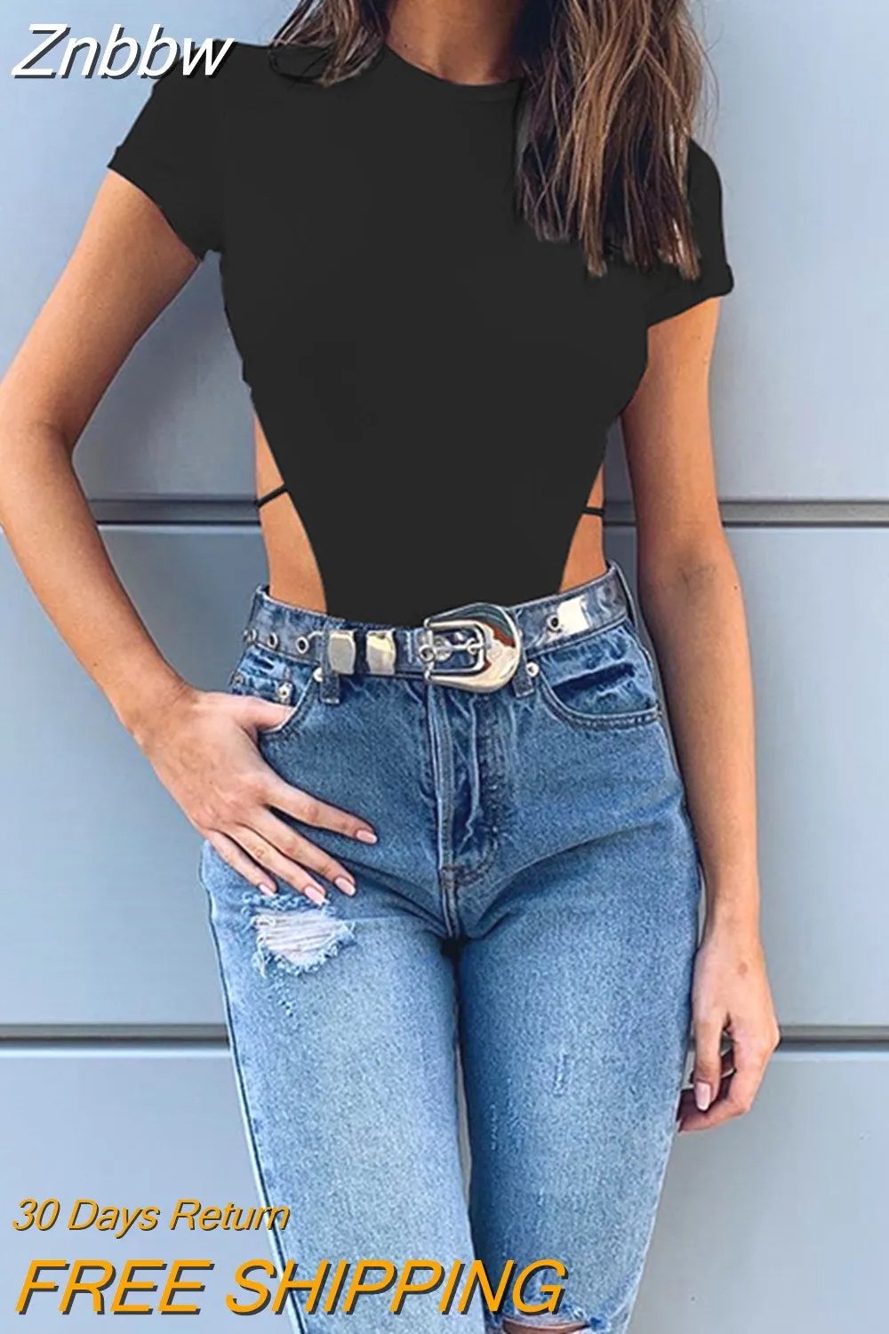 Znbbw backless straps jumpsuit simple solid color round neck short sleeve Slim shirt 2023 new dropshipping club - Image 4