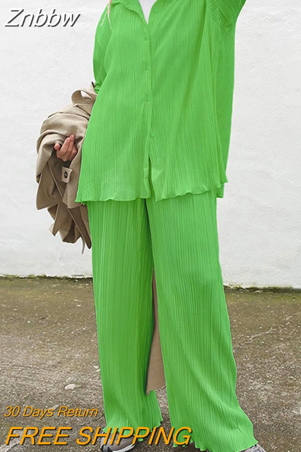 Znbbw Women Pleated Two Piece Sets Loose Wide Leg Trousers With Long Sleeve Blouses Elegant Casual Office Lady Home Suit Outfits Sets - Image 18