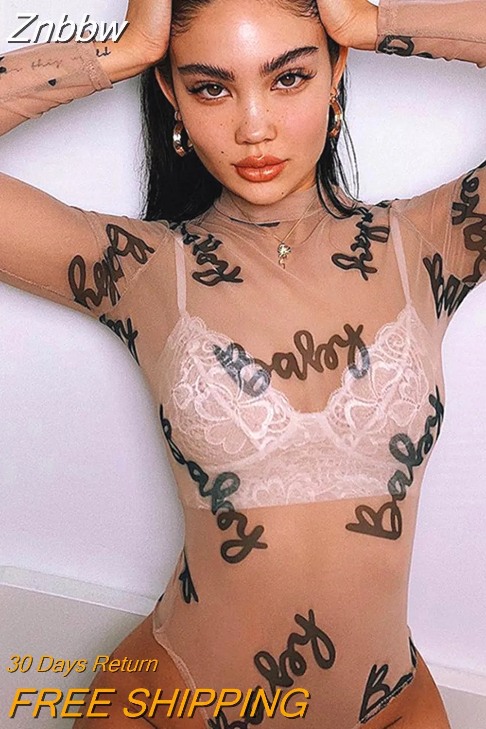 Znbbw 2023 Summer Sexy Letter Print Transparent Mesh Bodysuits Long Sleeve See Through Baby Bodycon Rompers Women Jumpsuits