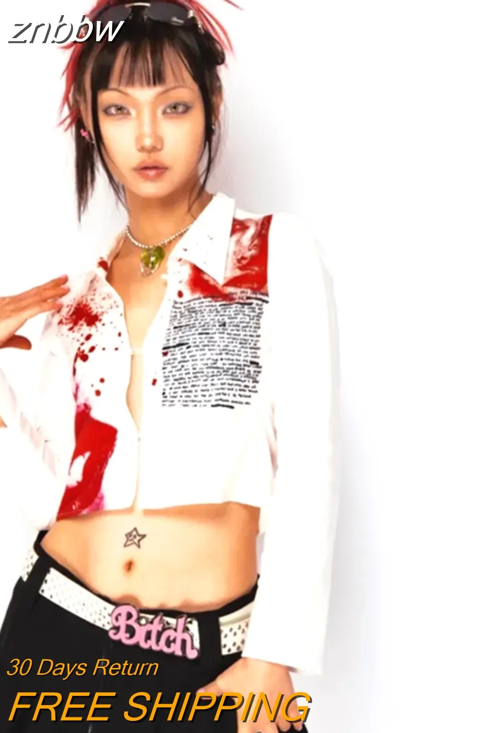 znbbw Y2K Bloodstain Print Long Sleeve Shirt Women Sexy Slim Button Female emo Crop Top Shirts 2023 Summer Club Blouse Tops - Image 2