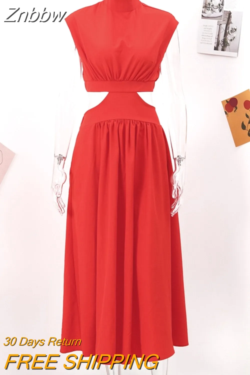 Znbbw Women Solid Sexy Long Dresses 2023 Summer Casual Hollow Waist Cut Sleeveless Dress Female Elegant Backless Holiday Maxi Dress - Image 3