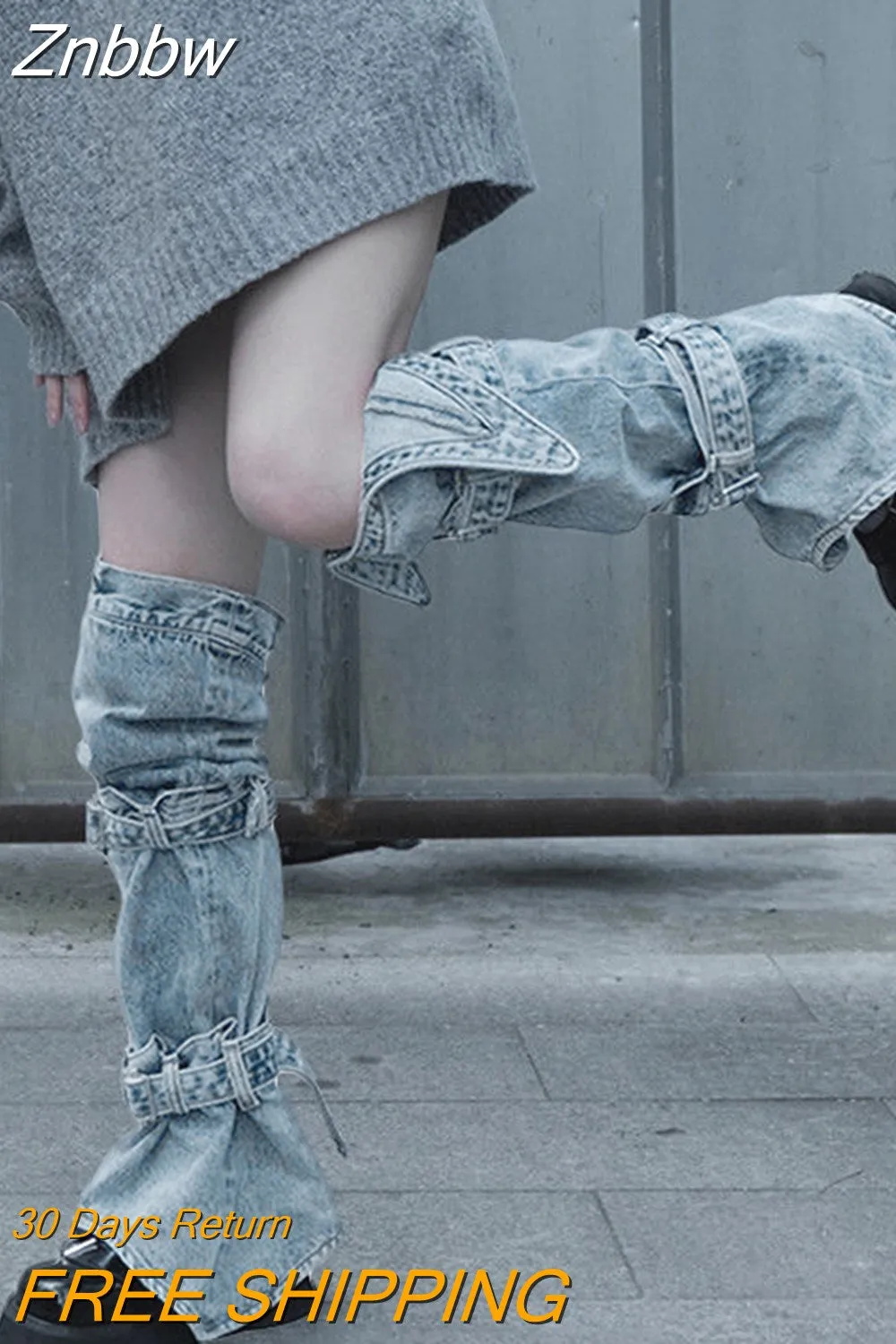 Znbbw Women Leg Warmers Knee-Length Buckled Denim Leggings Stylish Jean Foot Socks for Lady Goth - Image 2