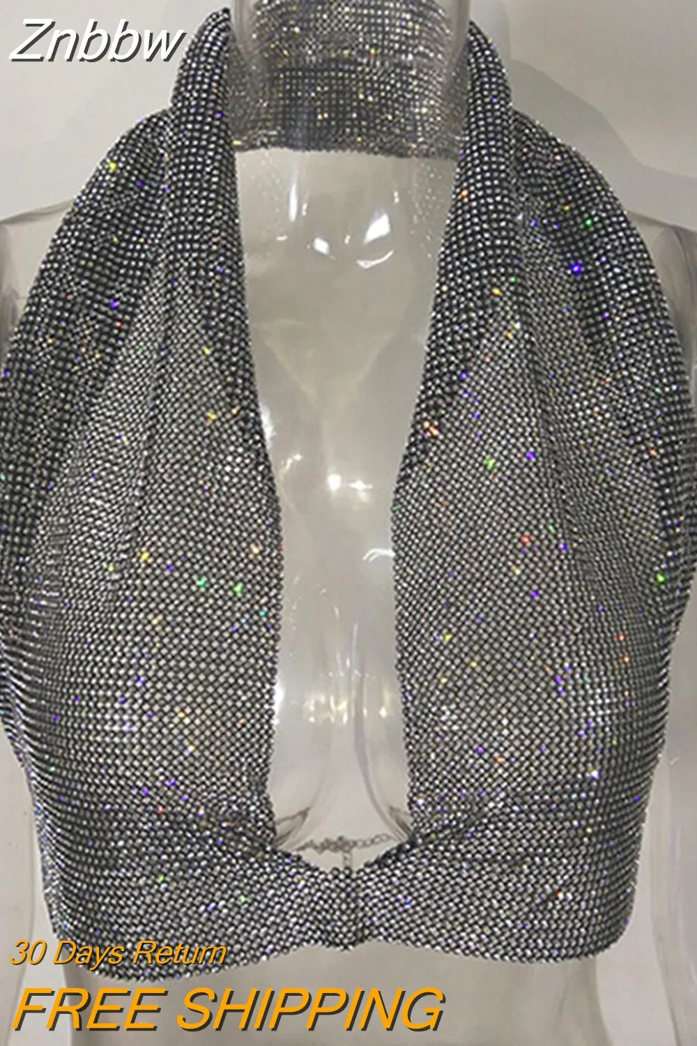 Znbbw 2023 Crystal Crop Top Camis Sparkly Sexy T Shirt Metal Chain Backless Club Vest Celebrity Party Tank Tops Camisetas Mujer - Image 7