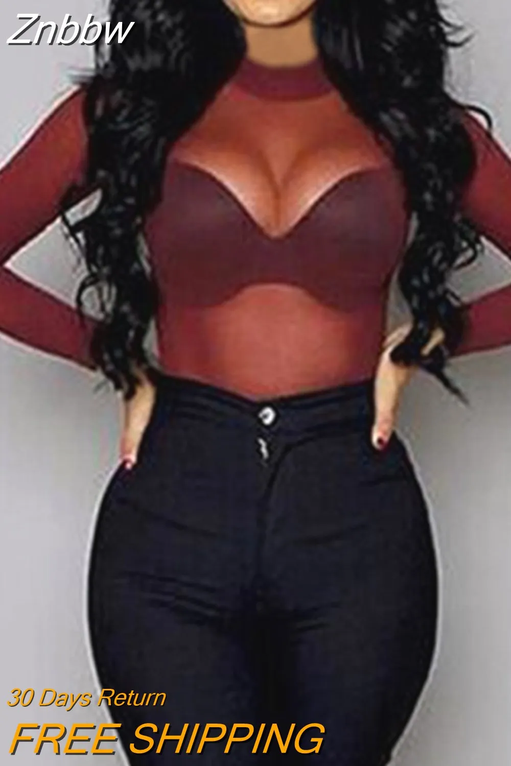 Znbbw Women T Shirt See Through Transparent Mesh Tops Long Sleeve Sheer Slim Ladies Turtleneck T-Shirt - Image 3