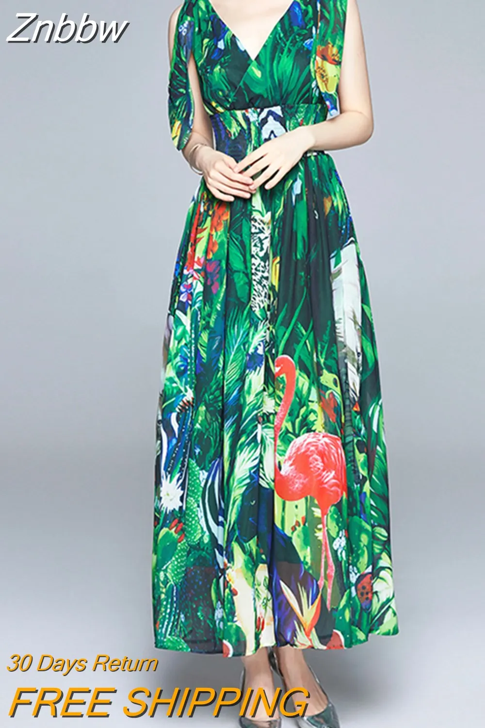 Znbbw Summer Runway Maxi Dress Women's V-Neck Bow tie Strap elastic Waist Green jungle Print Holiday Boho Chiffon Long Dress