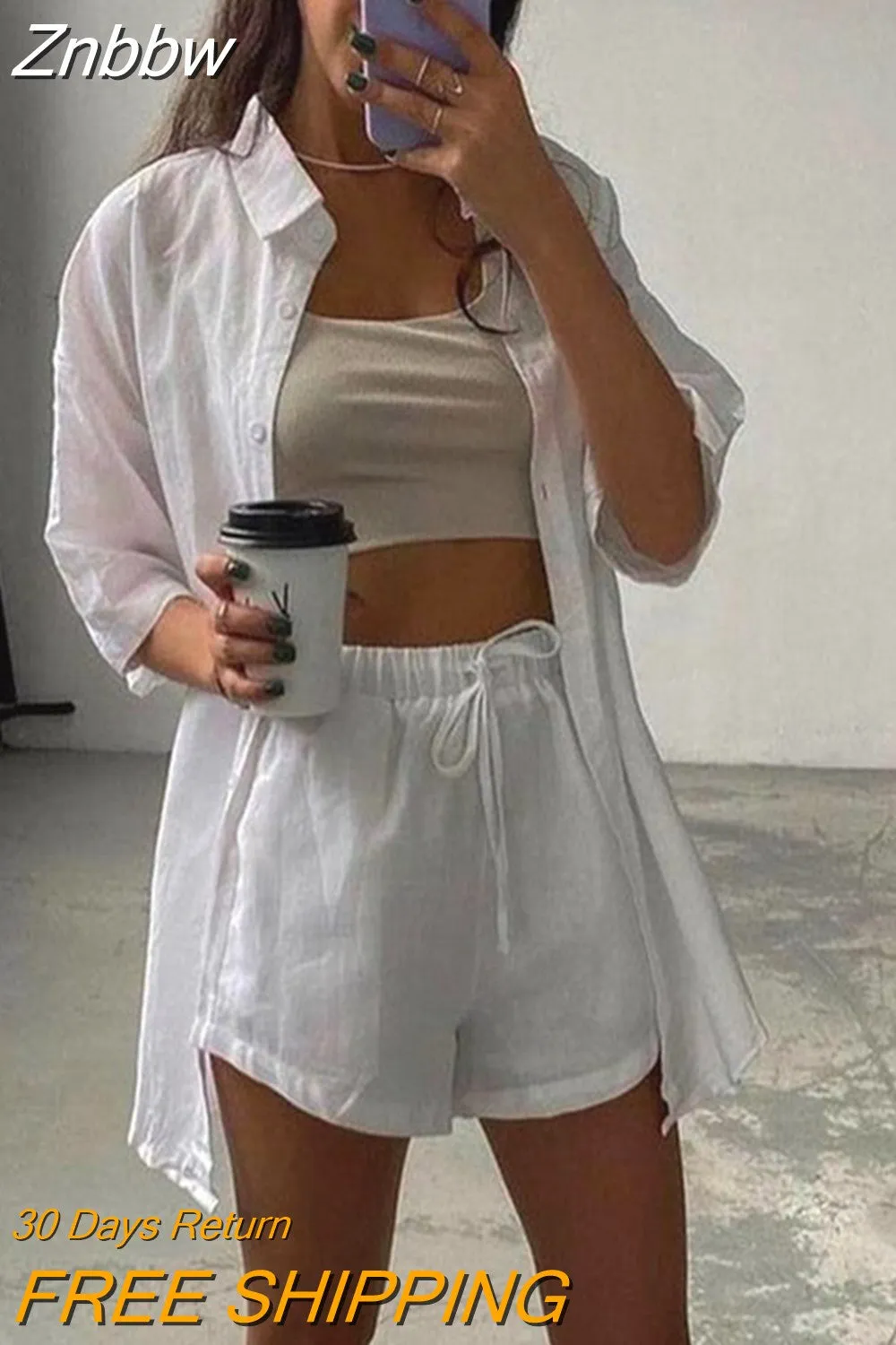 Znbbw Women Tracksuits Shirt Shorts Two Piece Sets Long Sleeve Blouse And Mini Shorts Suits Summer Casual Fashion Loose Female Outfits - Image 11
