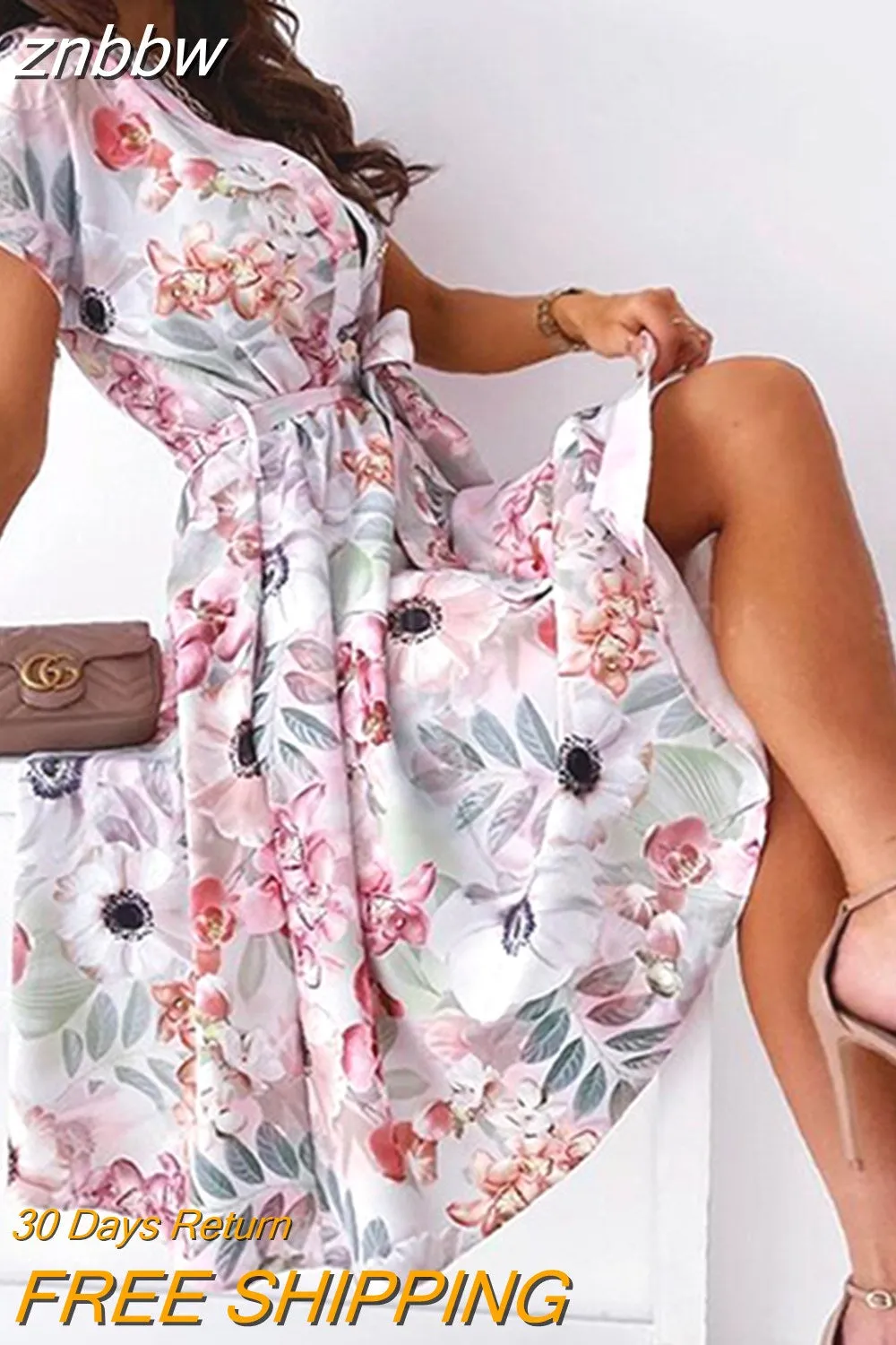 znbbw Women Lace-Up Belt Sundress 2023 Vintage Pattern Print A-Line Midi Beach Dress Sexy V Neck Button Short Sleeve Cover-Ups - Image 6