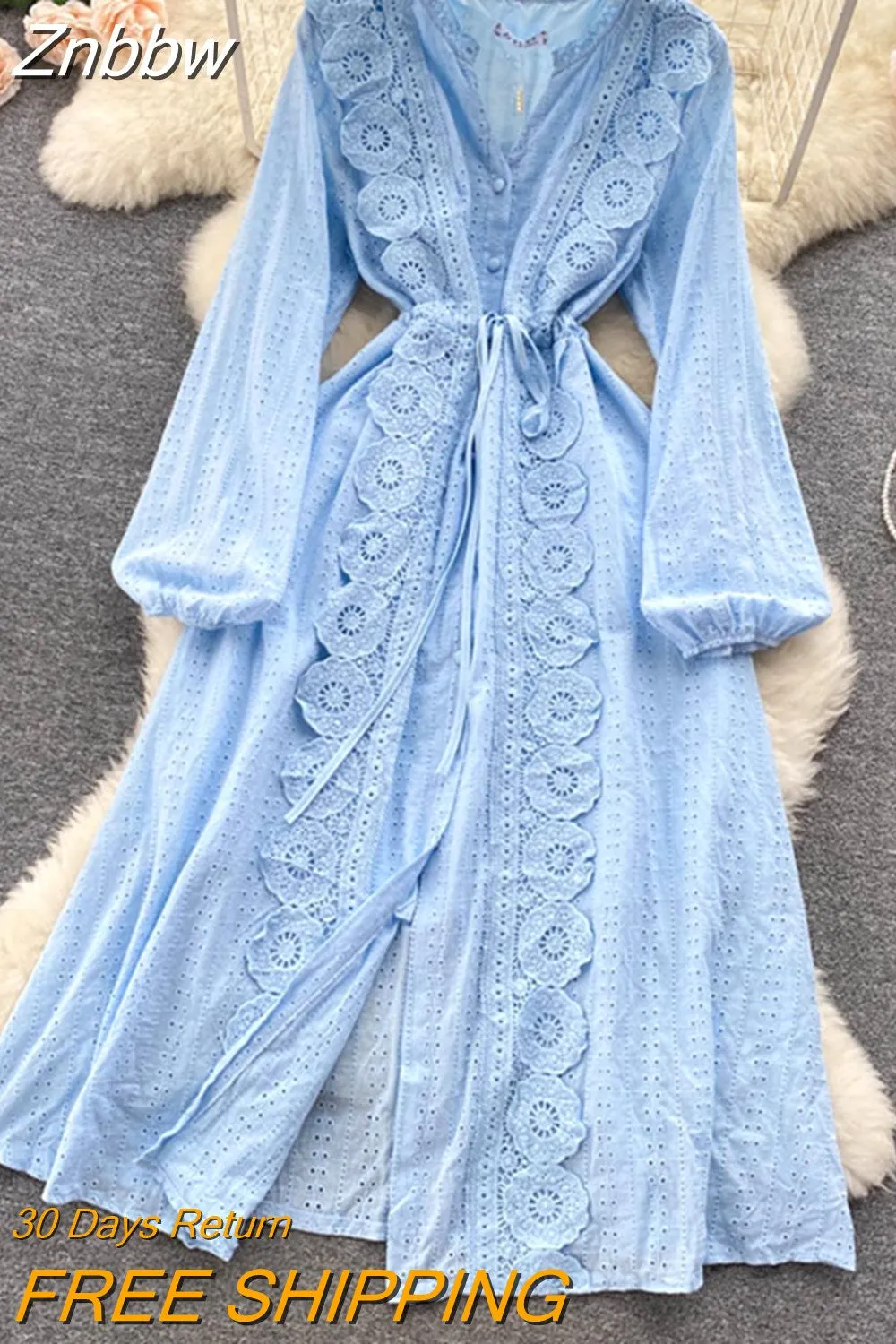 Znbbw Autumn Women's Vintage Long Sleeve Dress Solid Color Bellflower French Lace Up Waist Single Breasted Long Dress