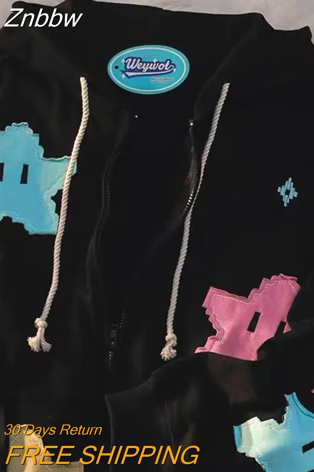 Znbbw Zip Hoodie Y2k Streetwear Loose Vintage Clothes Tops Harajuku Jacket Casual Gothic Oversized Cartoon Patchwork Top - Image 3