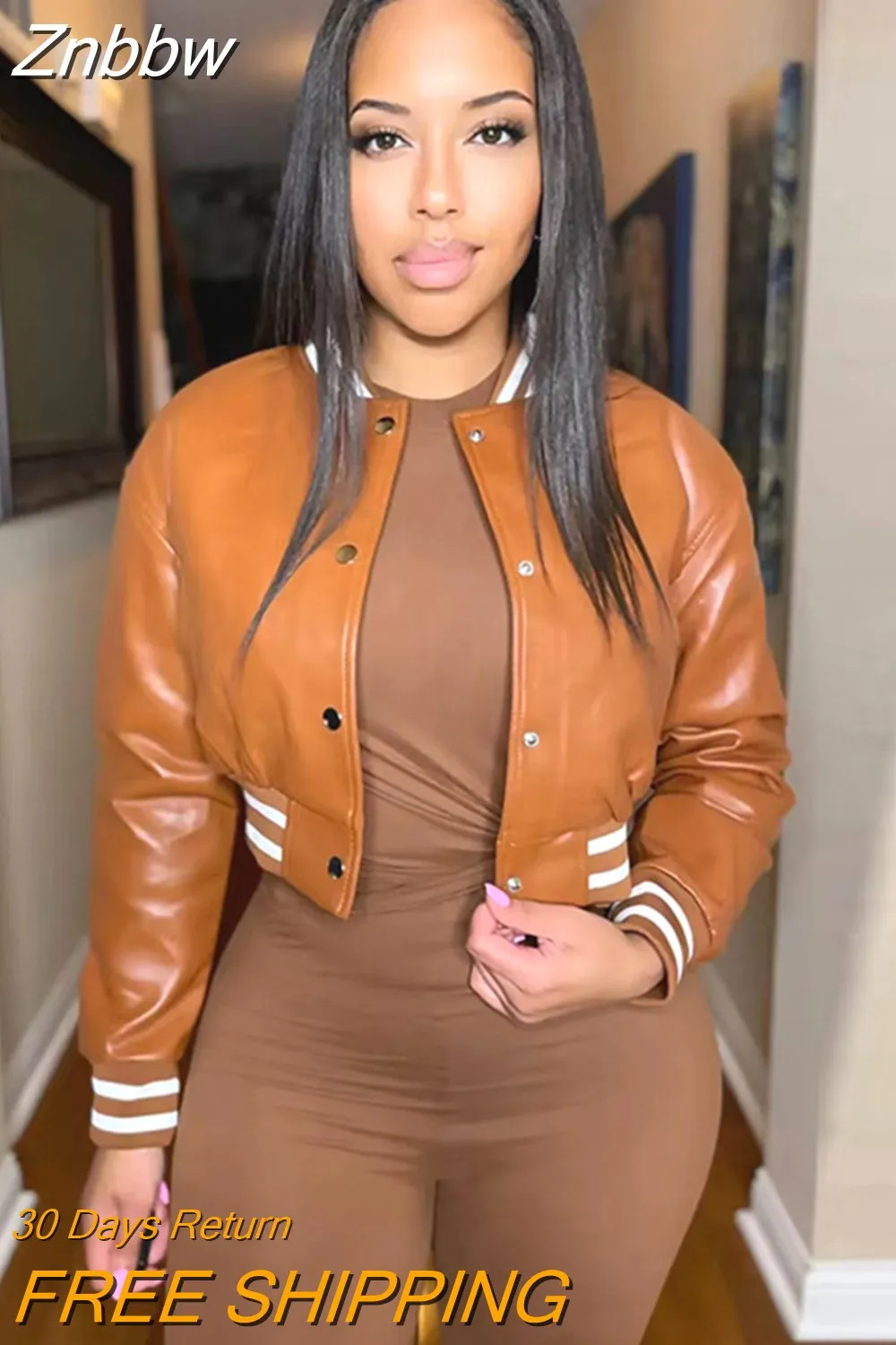 Znbbw Women Letter B Single Breasted PU Faux Leather Short Coat Lady Full Sleeve Jackets Female O-Neck Button Down Slim Fit Streetwear - Image 7