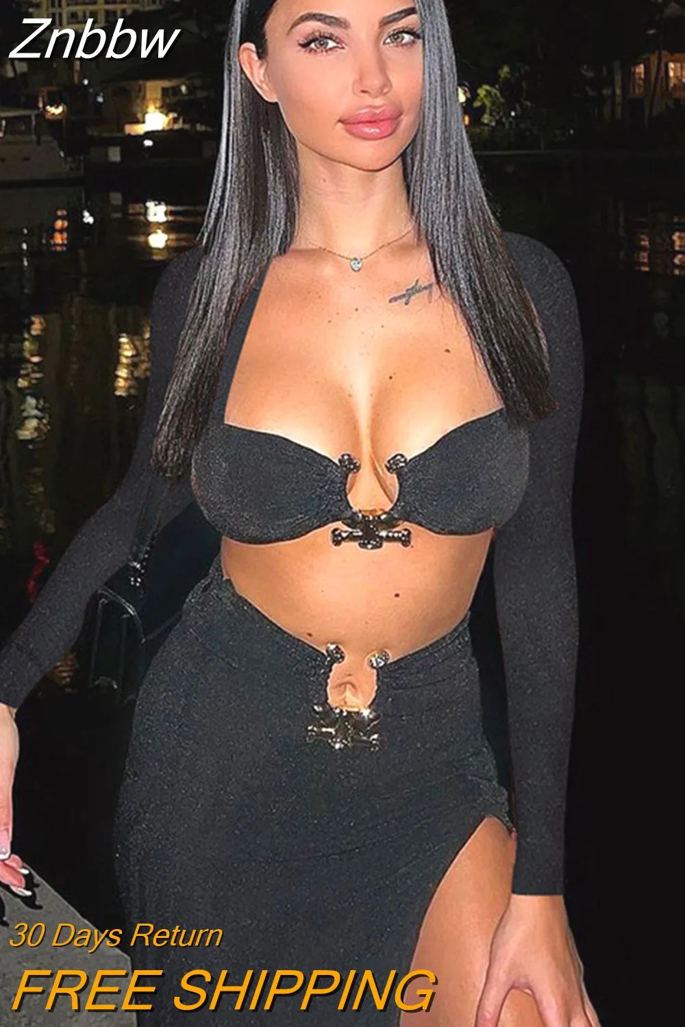 Znbbw 2023 Autumn Two Piece Set Women Square Collar Full Sleeve Crop Top And High Split Skirt Matching Sets Female Dress Set - Image 4