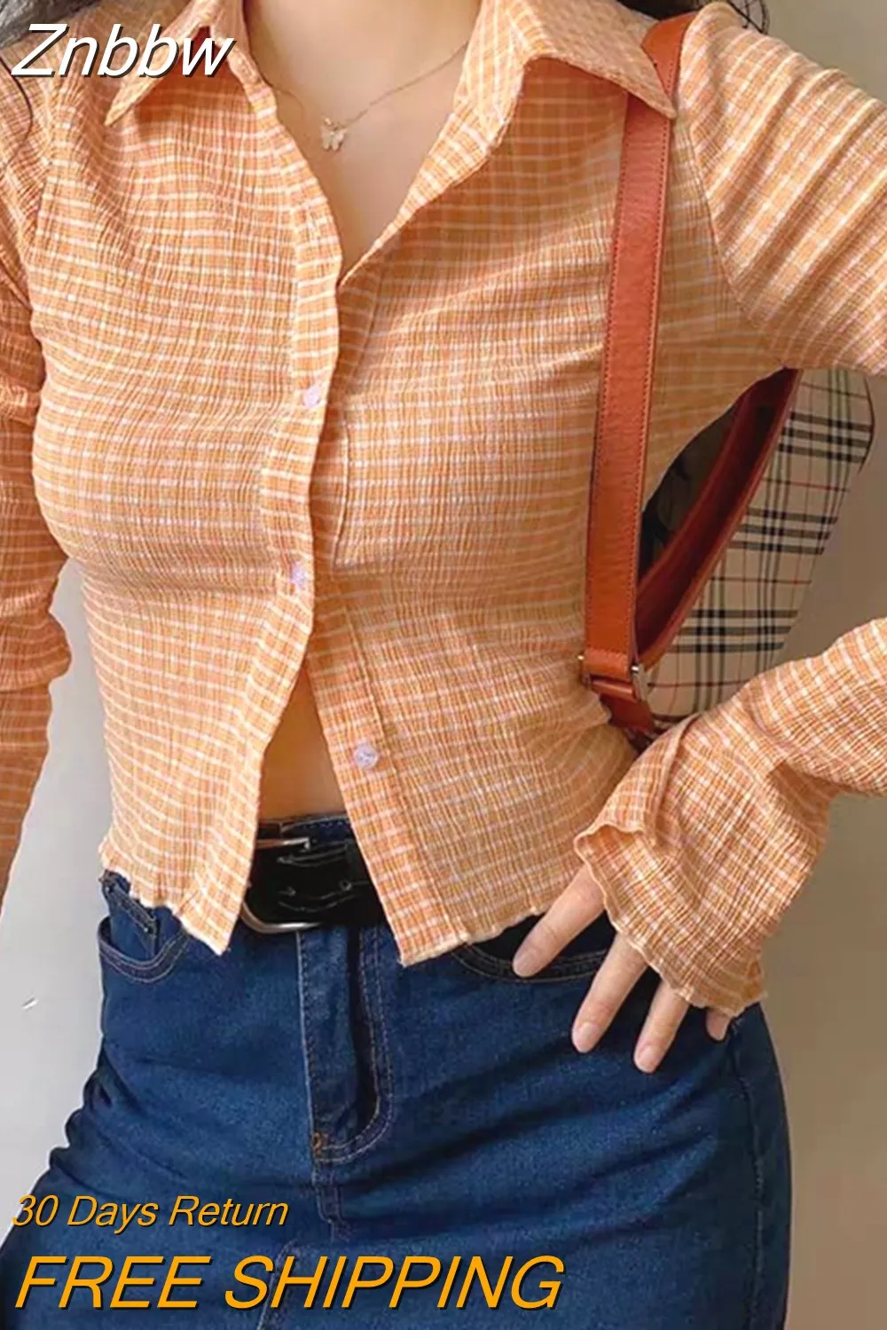 Znbbw 2023 Spring Autumn Vintage Lapel Long Sleeve Plaid Flared Sleeve Female Cardigan Shirt Women Short Slim Sexy Blouses Tops - Image 3