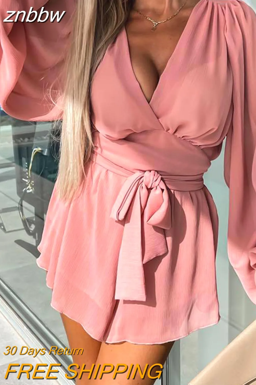 znbbw 2023 Summer Tie-Up Thin Beach Outfits Sexy Deep-V Long Sleeve Tops + Shorts Suit Women Elegant Solid Ruffle Two Piece Set - Image 7