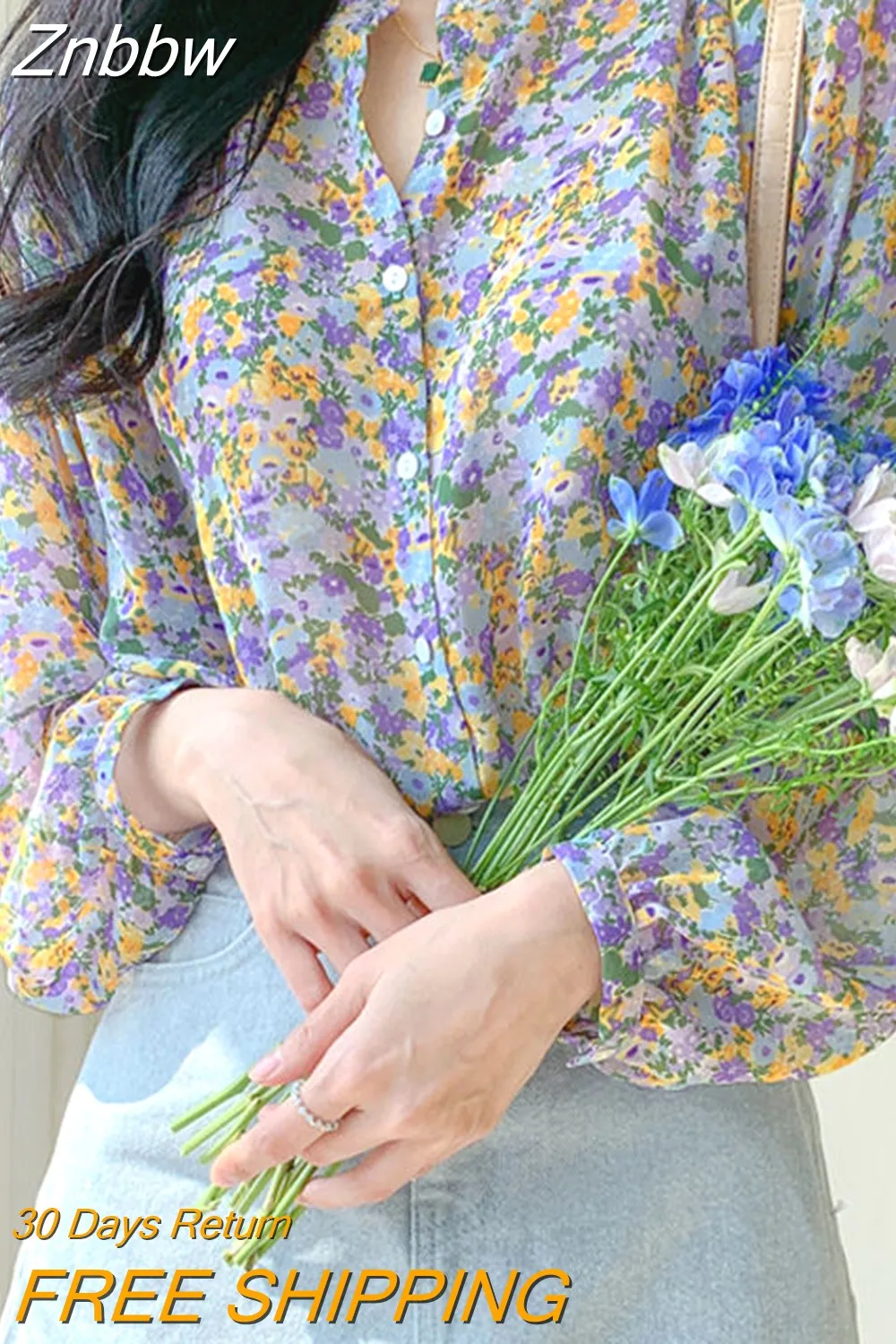 Znbbw Women Floral Printed Leisure Loose Elegant Chiffon Tops Blouses 2023 Spring Vintage Korean Shirt Elegant Ladies Clothes