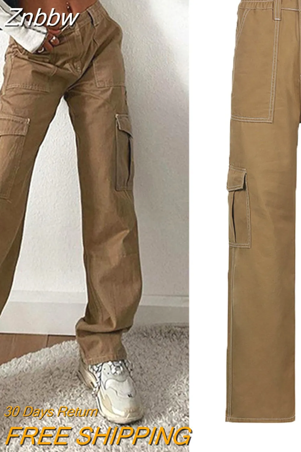 Znbbw Women Y2K Cargo Pants Khaki Loose Streetwear Vintage Low Waist Casual Straight Trousers Sexy Retro Loose Pockets Baggy Pants