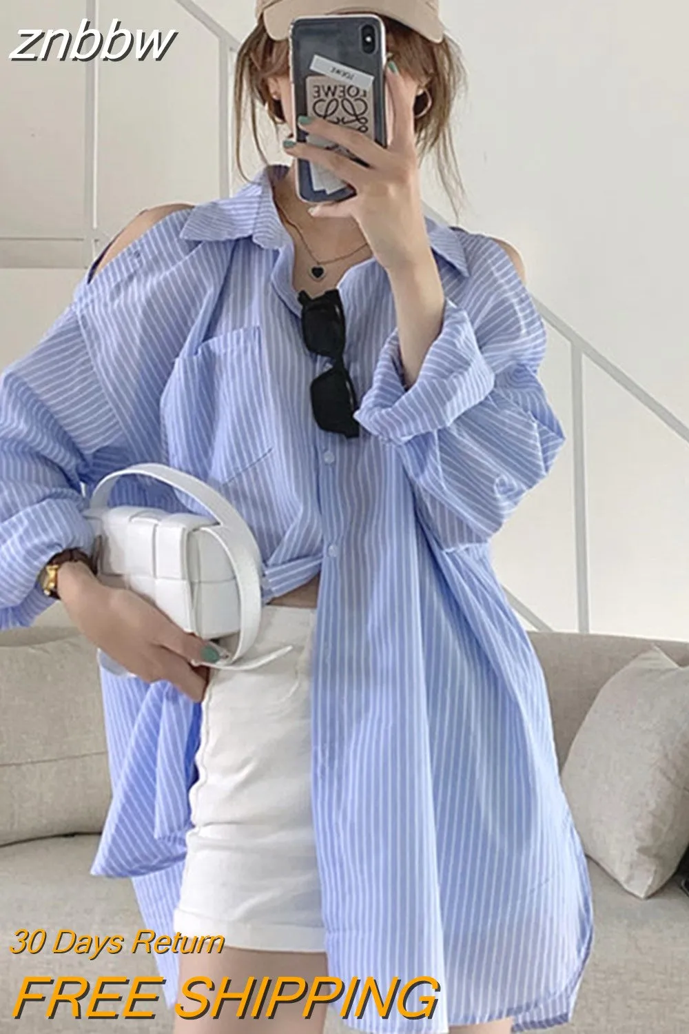 znbbw 2023 Summer Long Sleeve Women Striped Shirt Korea Style Off The Shoulder Button Loose Ladies Blouse Casual Clothing Tops - Image 2