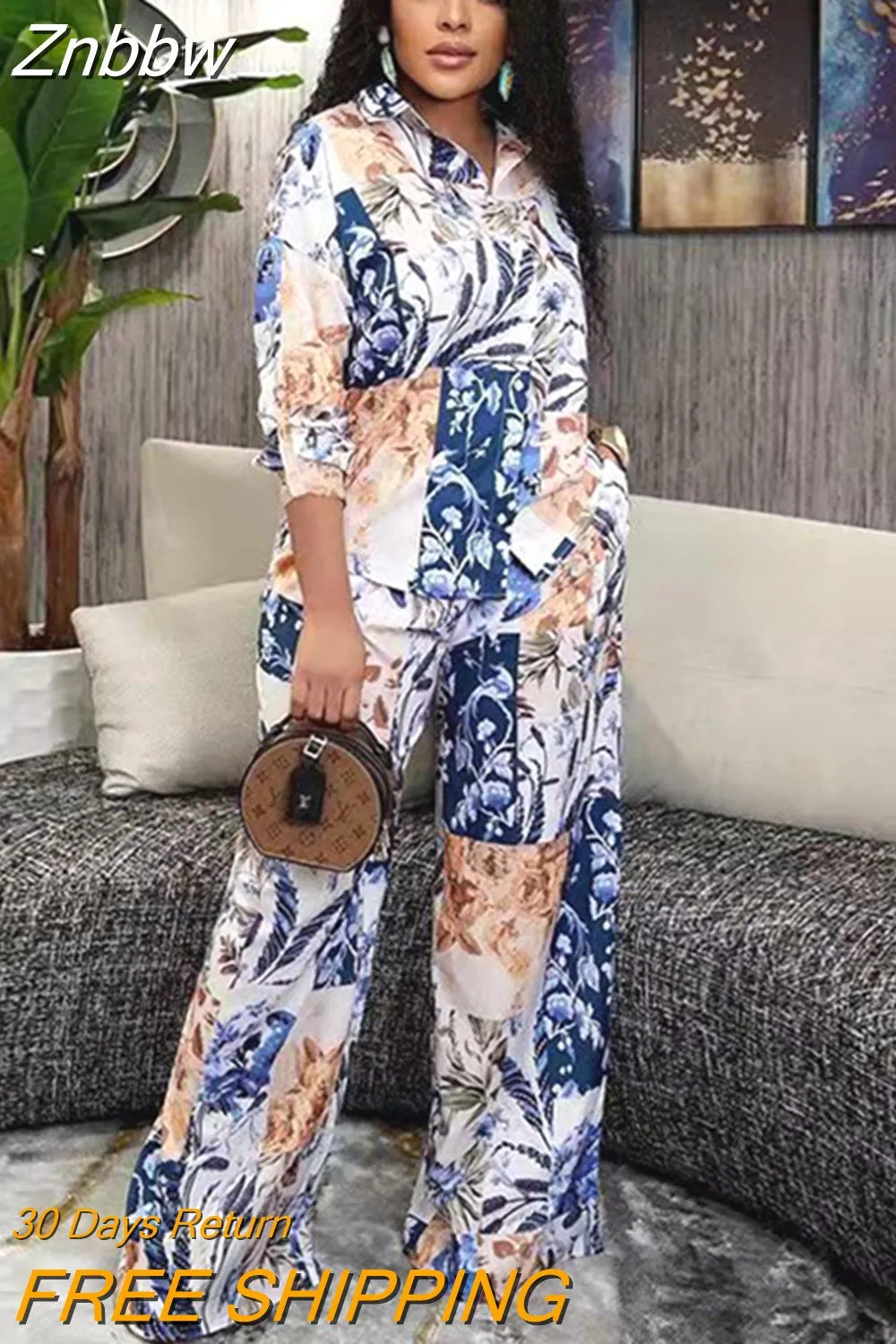 Znbbw Women Retro Print Two Piece Set Fashion Lapel Single-breasted Blouses Suit Casual Wide Leg Pants Home Wear Outfits - Image 2