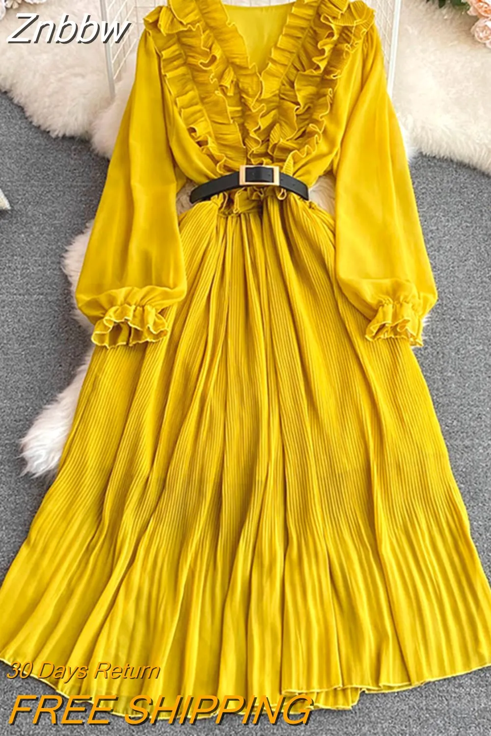 Znbbw Women Spring Autumn Dress Retro Temperament V-neck Ruffled Bubble Long-sleeved Waist Slimming A-line Pleated Dress D1892 - Image 6