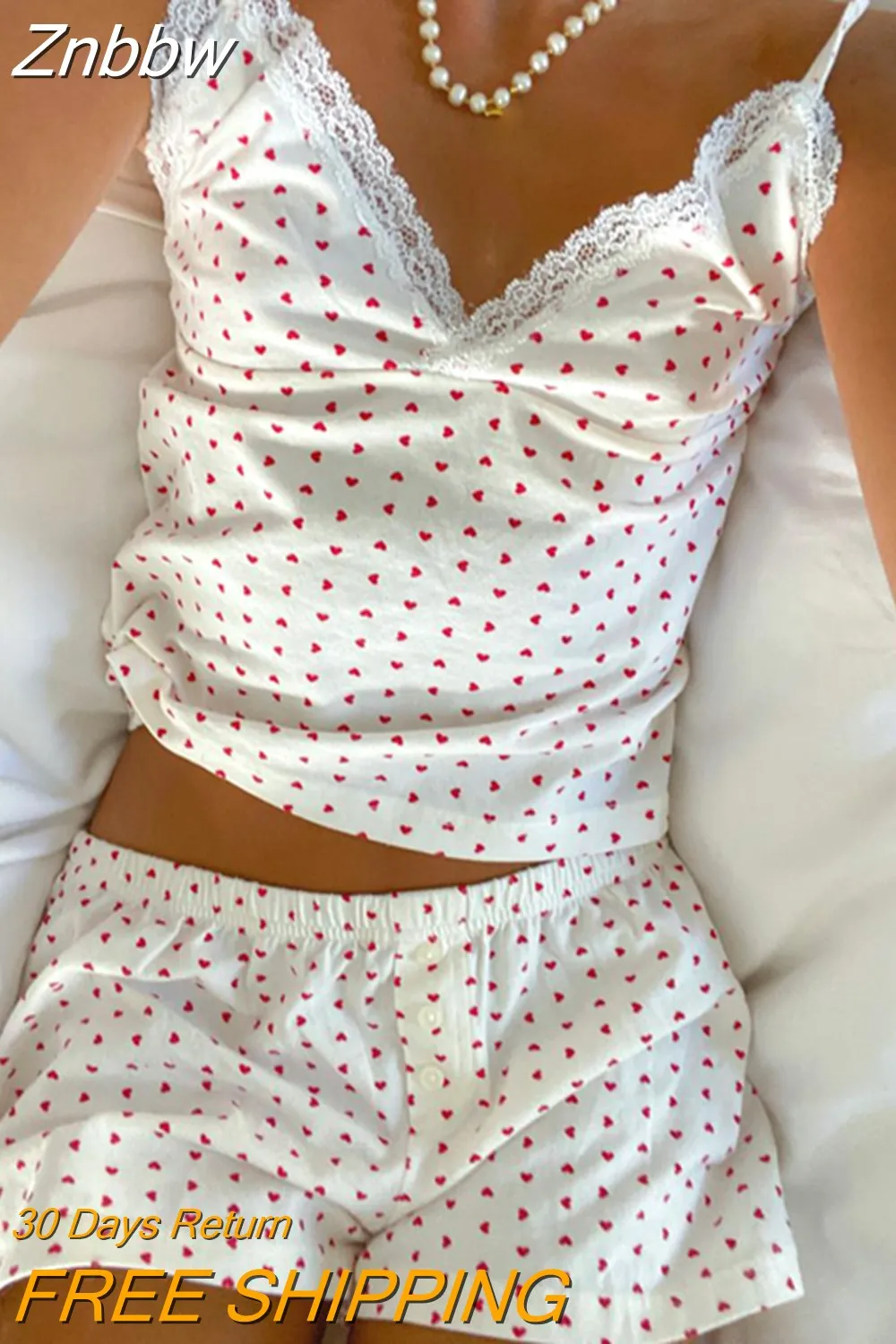 Znbbw Women??s 2PC Pajamas Sets Y2k Lace Sleeveless Heart Print Cami Tops and Shorts Teen girls Matching Sleepwear Fashion Streetwear