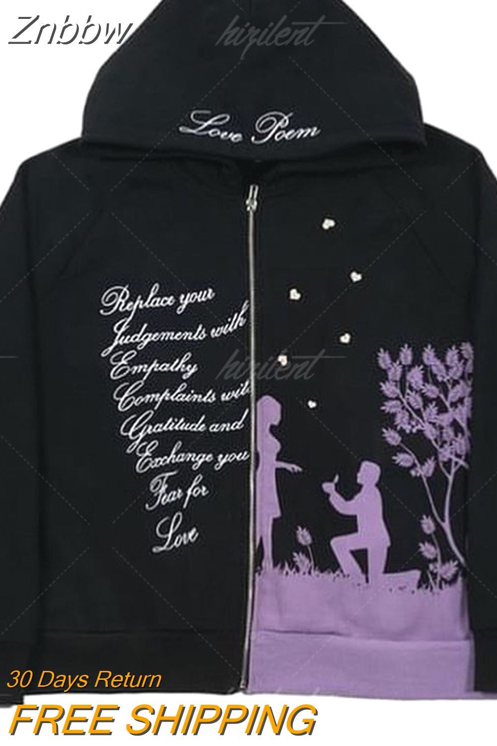 Znbbw Zip Hoodies Y2k Letter Print Top High Street Punk Oversized Pullover American Fashion Goth Hip Hop Couple Sweatshirt - Image 4