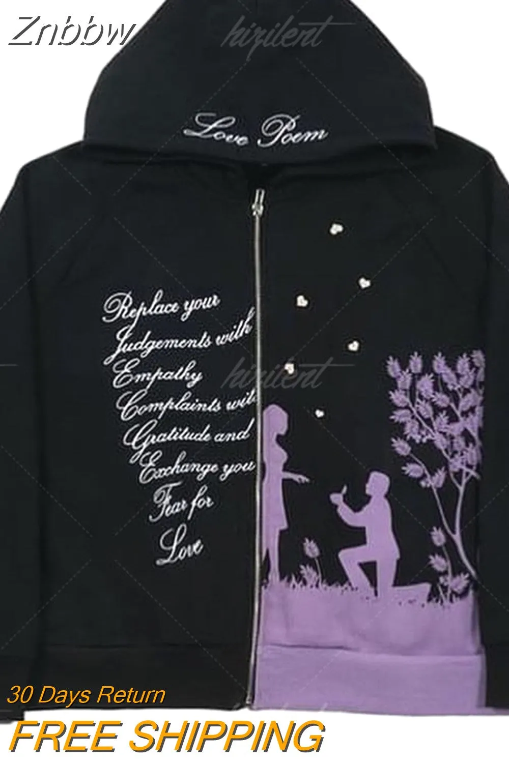 Znbbw Zip Hoodies Y2k Letter Print Top High Street Punk Oversized Pullover American Fashion Goth Hip Hop Couple Sweatshirt 0410 - Image 4