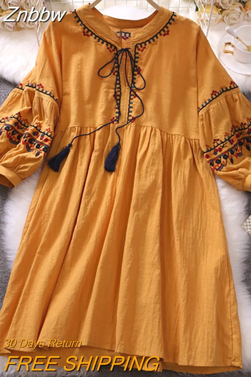 Znbbw Women Summer Dress Vintage Ethnic Embroidery V-neck Lace Up Foreign Style Lantern Sleeve Loose Temperament Dress D2799