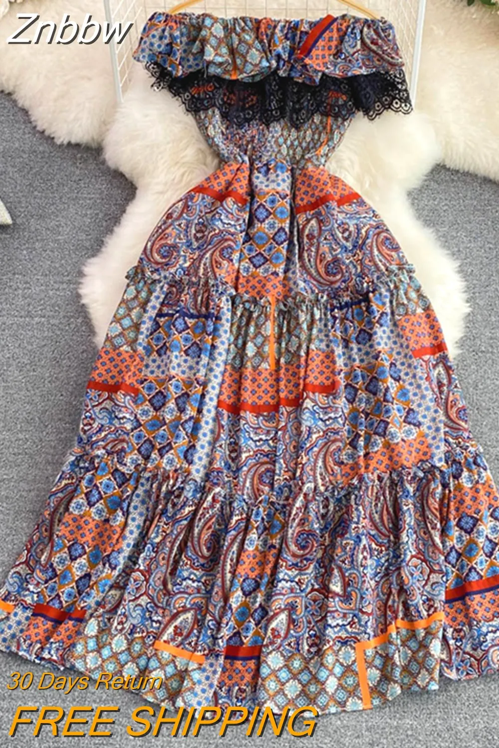 Znbbw Women Summer Dress Off Shoulder Open Shoulder Lotus Leaf Edge Close Waist Slim Print A-line  Big Hem Long Dress D2803 - Image 9