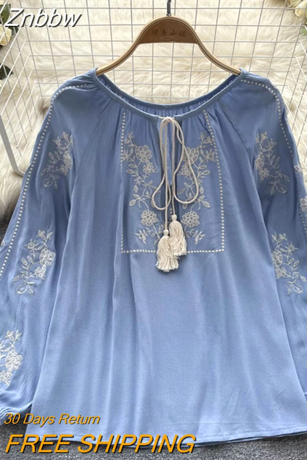 Znbbw Women Spring Summer Blouse French Printed Shirt New Loose Long Sleeve Design Small Retro Lantern Sleeve Embroidery Top D2564 - Image 7