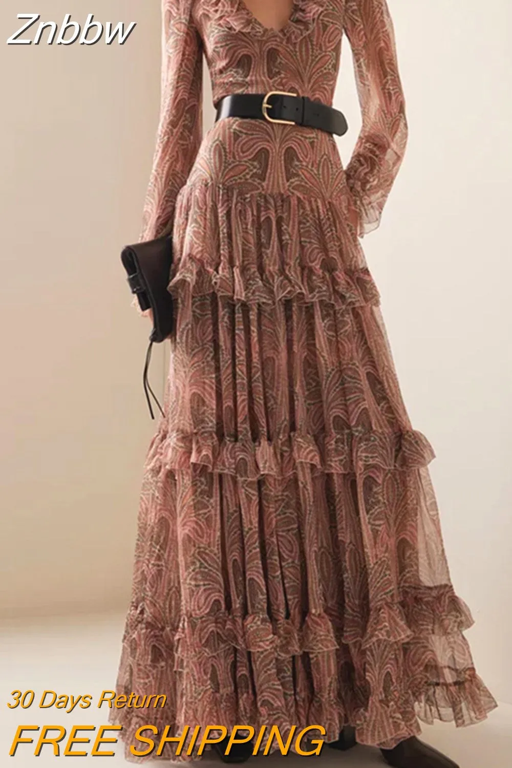 Znbbw Autumn Casual Bohemia Dresses Elegant V-neck Ruffled High Waist Evening Dress Women Fashion Printed Mesh Pleated Long Dress