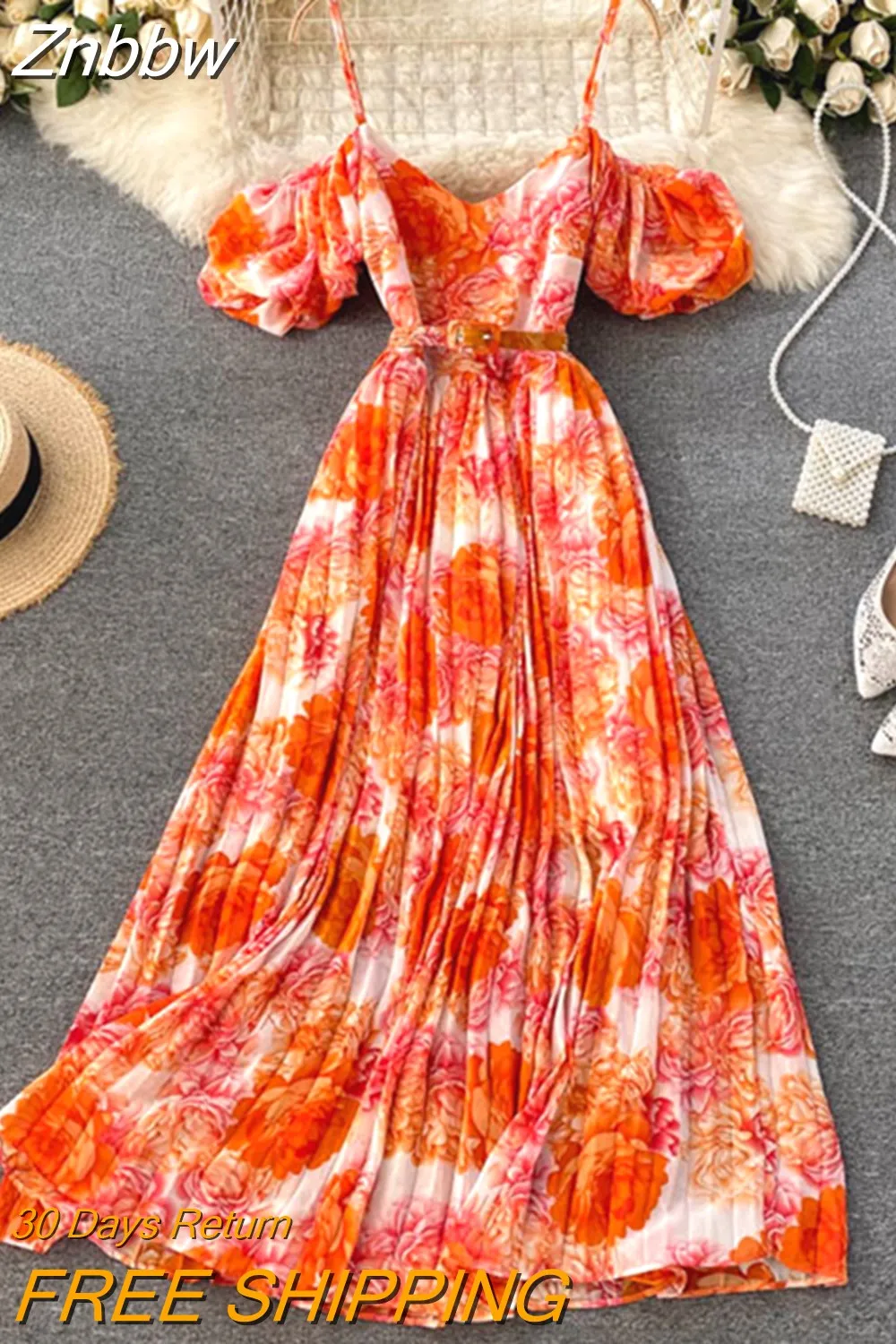 Znbbw New Seaside Holiday Dress Female Bubble Sleeve Square Neck Strapless Sling Long Print Pleated Dress UK881