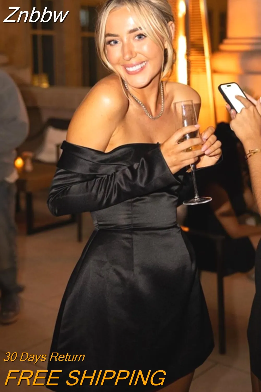 Znbbw Women Sexy Backless Off Shoulder Strapless Mini Dress Fashion Long Sleeve Single Breasted A-line Dress Elegant Party Club Robes 0410 - Image 7