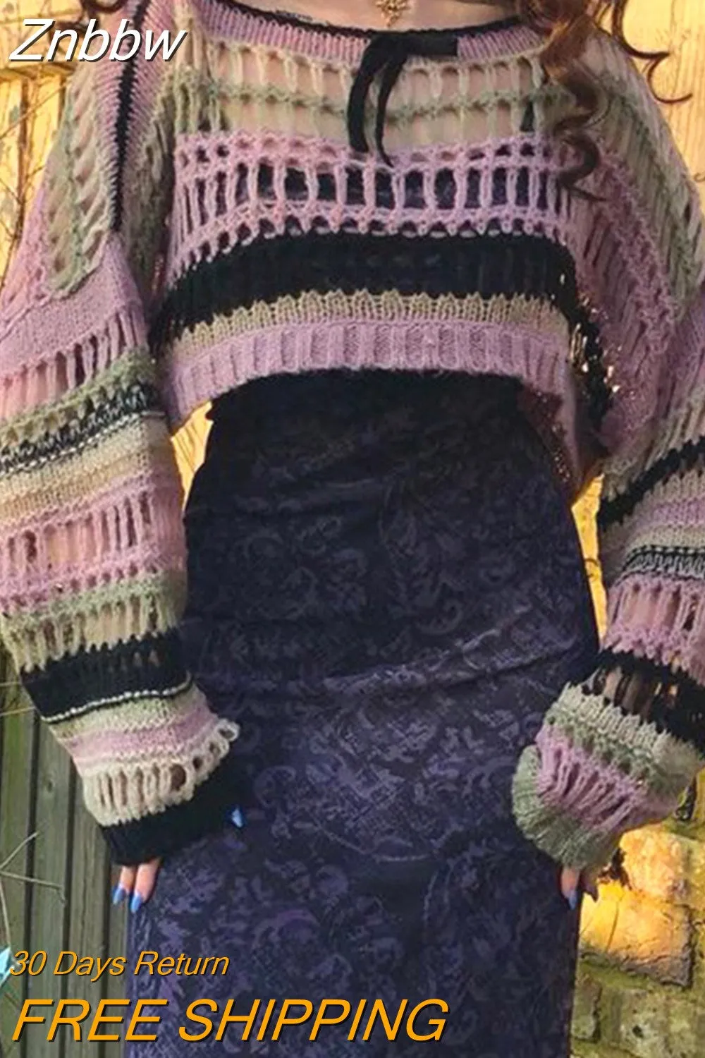 Znbbw Women Y2K Contrast Knitted Cover-Ups Hollow-Out Holes Solid Color Long Sleeve O Neck Perspective Beachwear Tshirt - Image 3