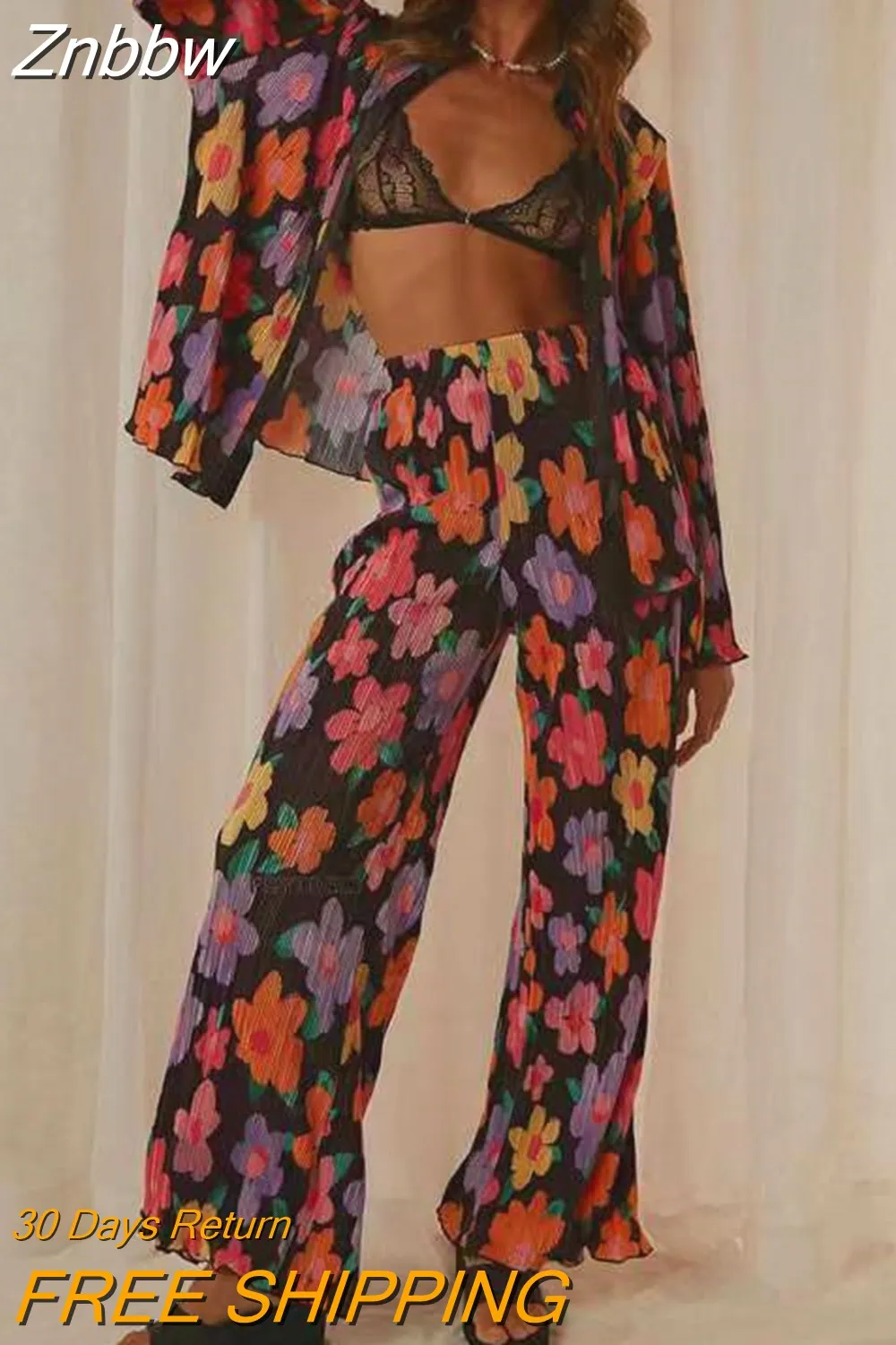 Znbbw Women's Floral Pleated Set Long Sleeve Blouses With High Waist Pants Two Piece Set Elegant Loose Two Piece Sets Womens Outifits - Image 5