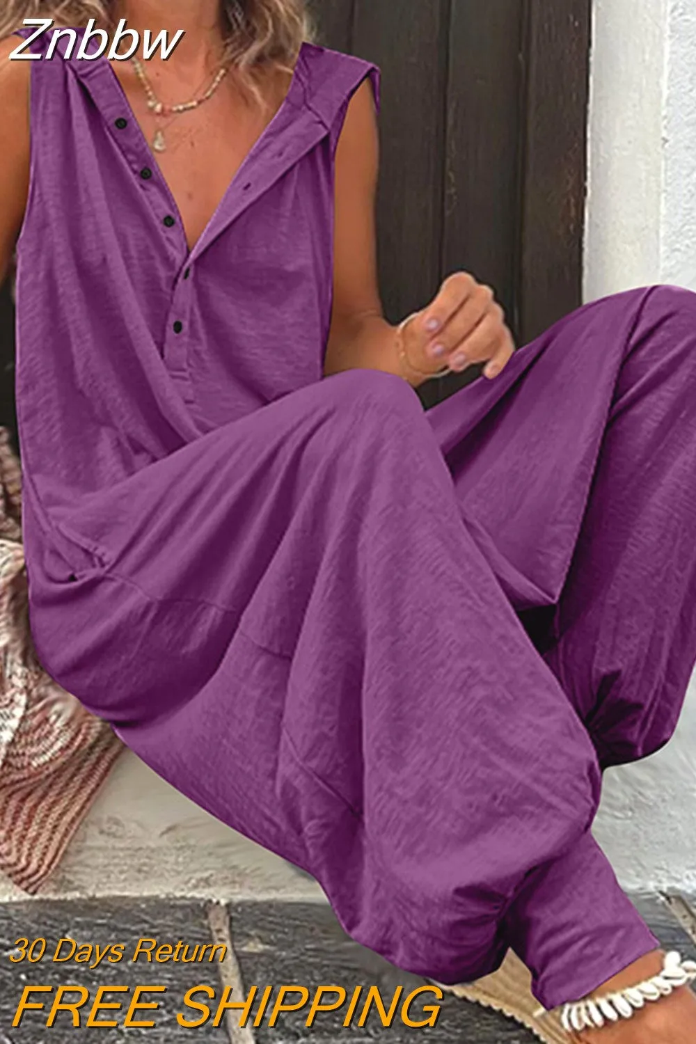 Znbbw Women Solid Hooded Jumpsuit Summer Casual V-neck Sleeveless Button Cross-pants Streetwear Female Loose Retro Romper Playsuits - Image 4