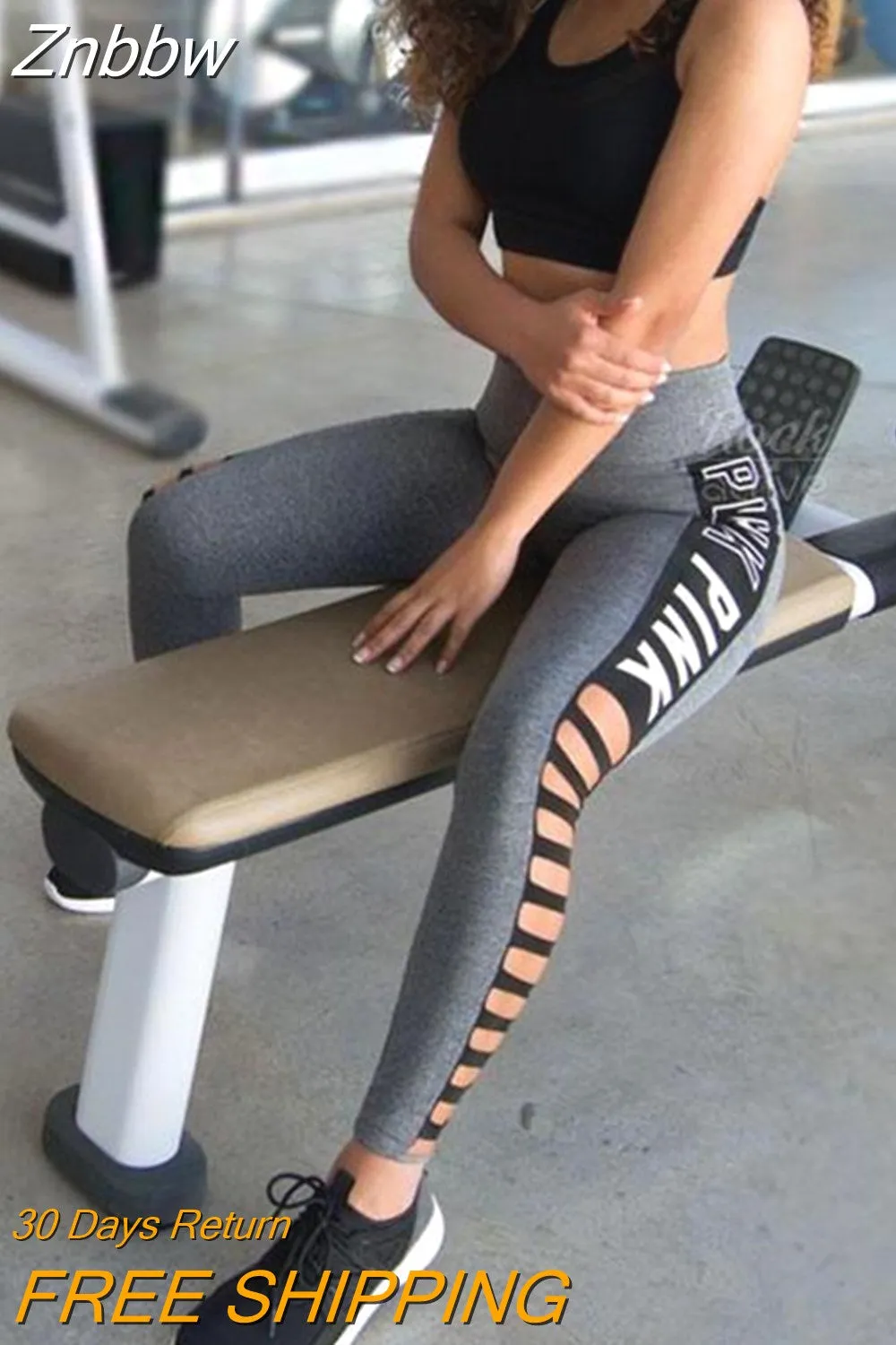 Znbbw Women leggings Pink Letter Print Hollow Out Leggings High  Waist Patchwork Female Fitness Leggings Sportswear Leggings - Image 2